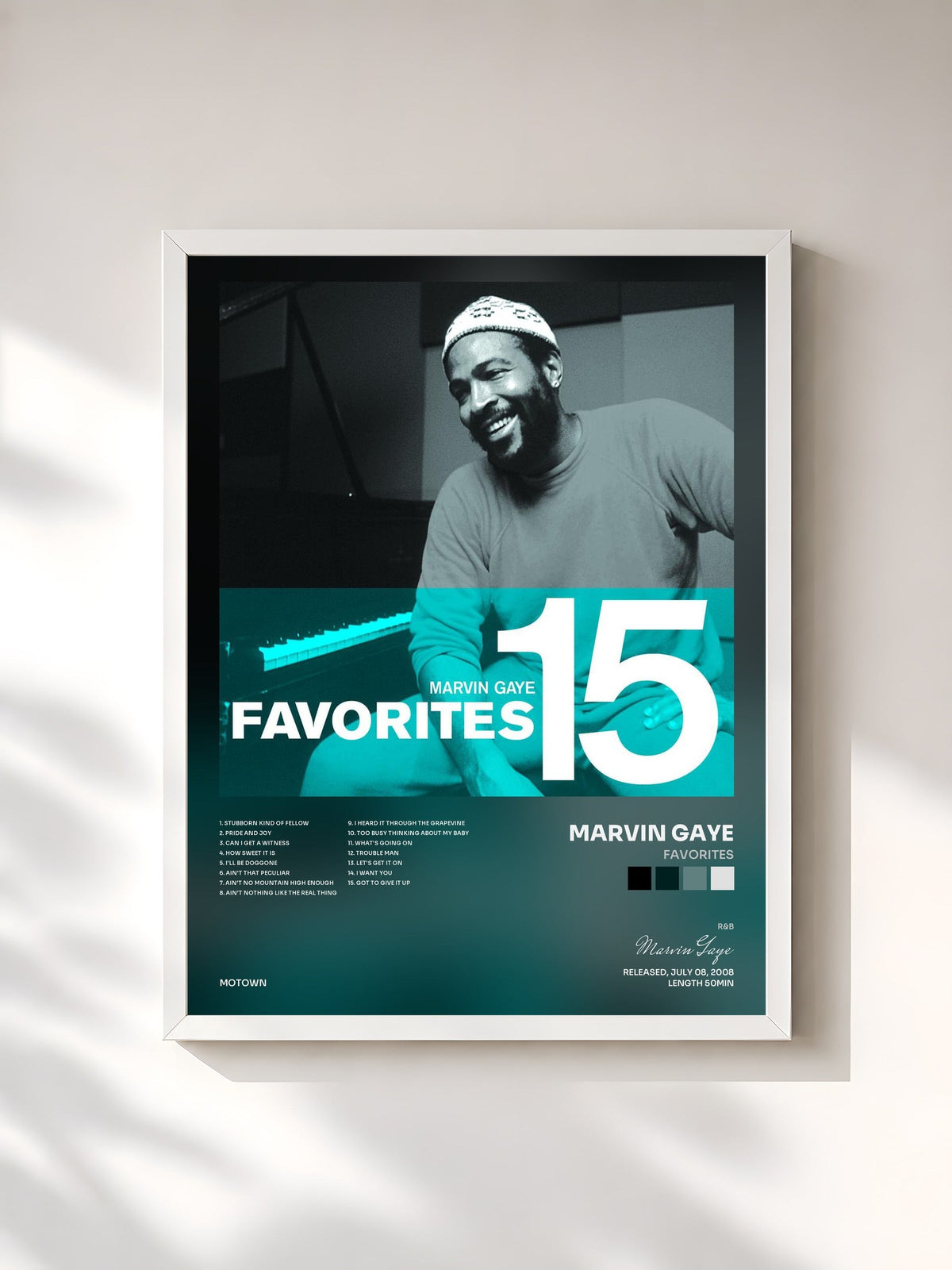 #blanc Tableau de l'album Favorites de Marvin Gaye, cadre blanc, imprimé et encadré en France