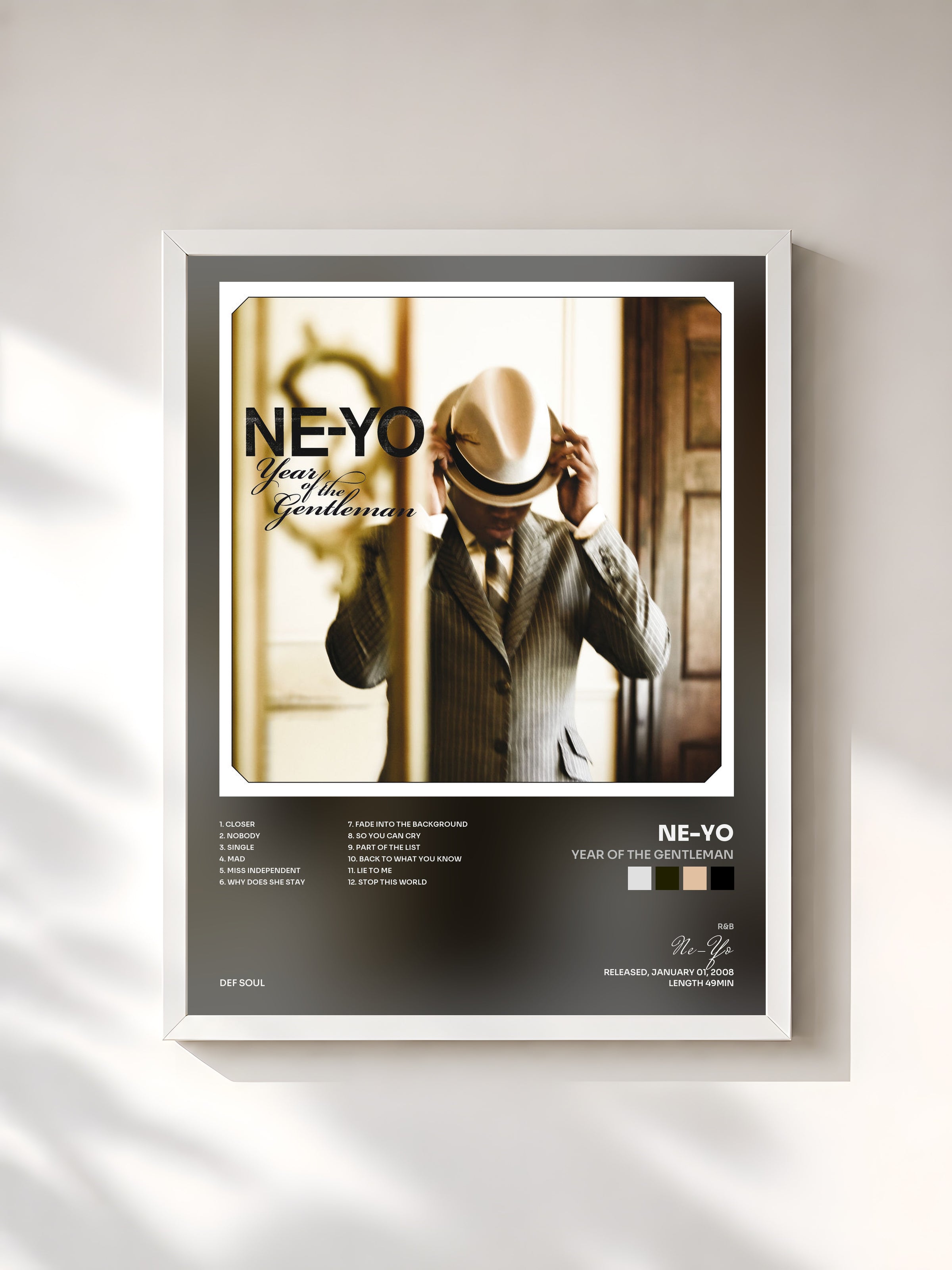 #blanc Tableau de l'album Year Of The Gentleman de Ne-Yo, cadre blanc, imprimé et encadré en France