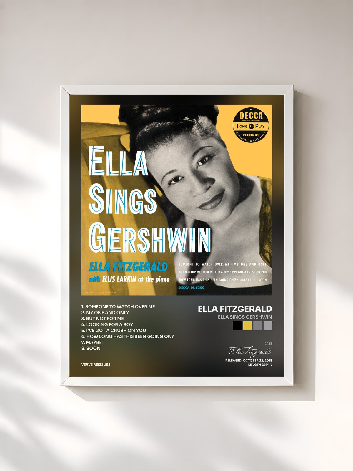 #blanc Tableau de l'album Ella Sings Gershwin de Ella Fitzgerald, cadre blanc, imprimé et encadré en France