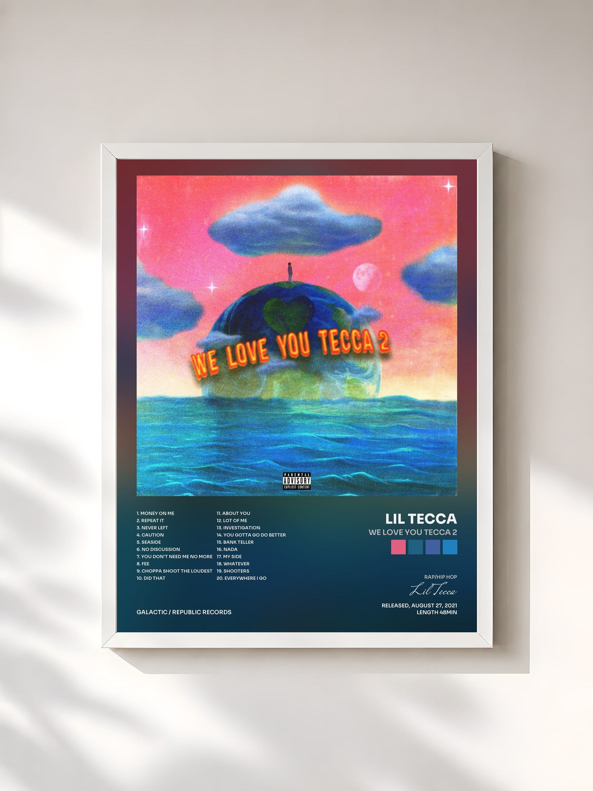 #blanc Tableau de l'album We Love You Tecca 2 de Lil Tecca, cadre blanc, imprimé et encadré en France