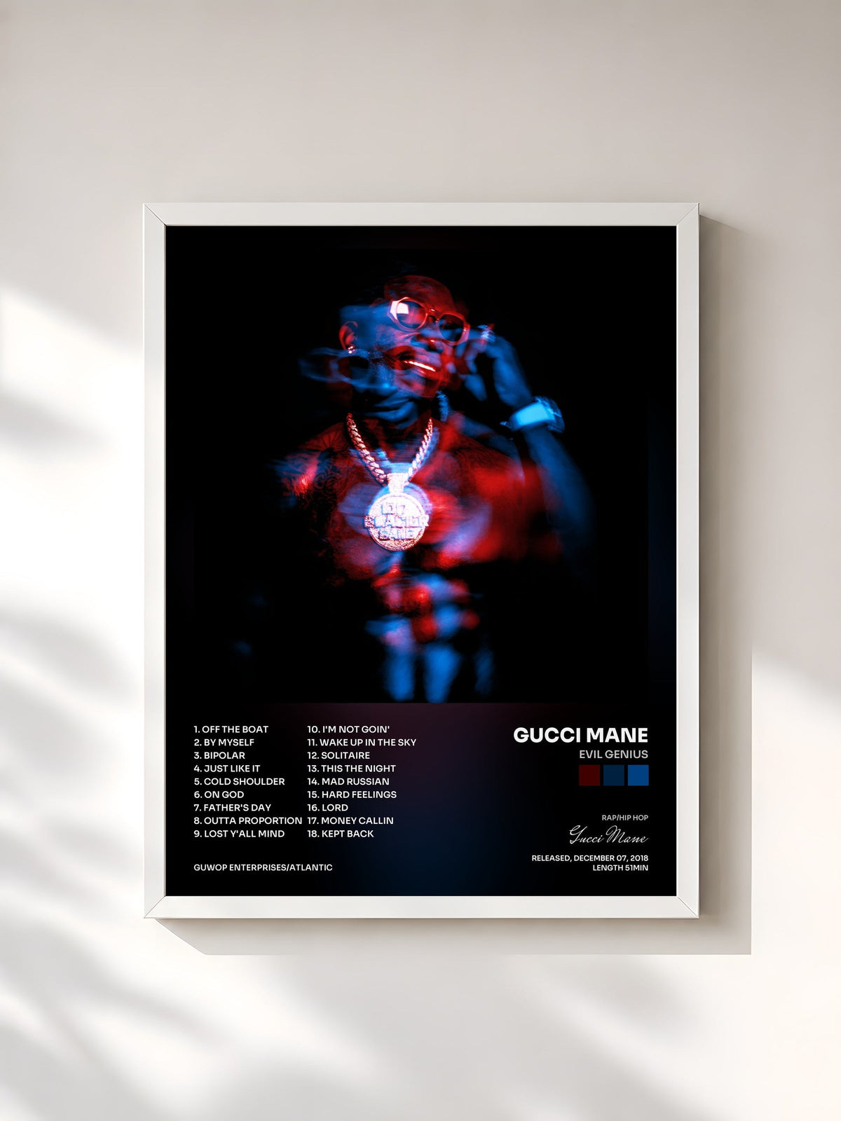 #blanc Tableau de l'album Evil Genius de Gucci Mane, cadre blanc, imprimé et encadré en France