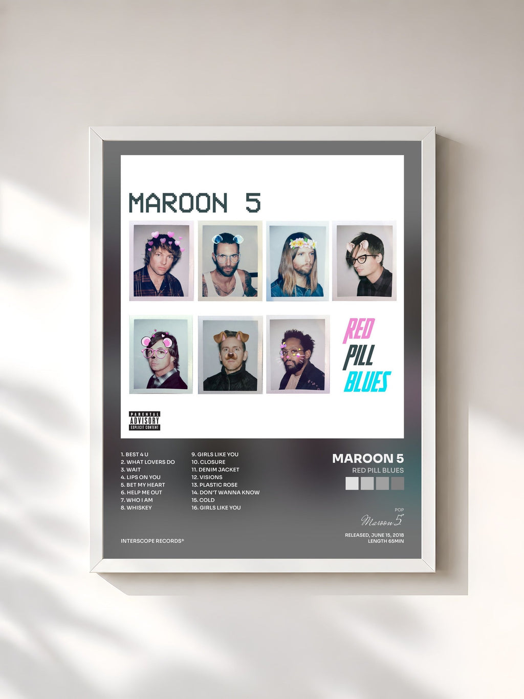 #blanc Tableau de l'album Red Pill Blues de Maroon 5, cadre blanc, imprimé et encadré en France