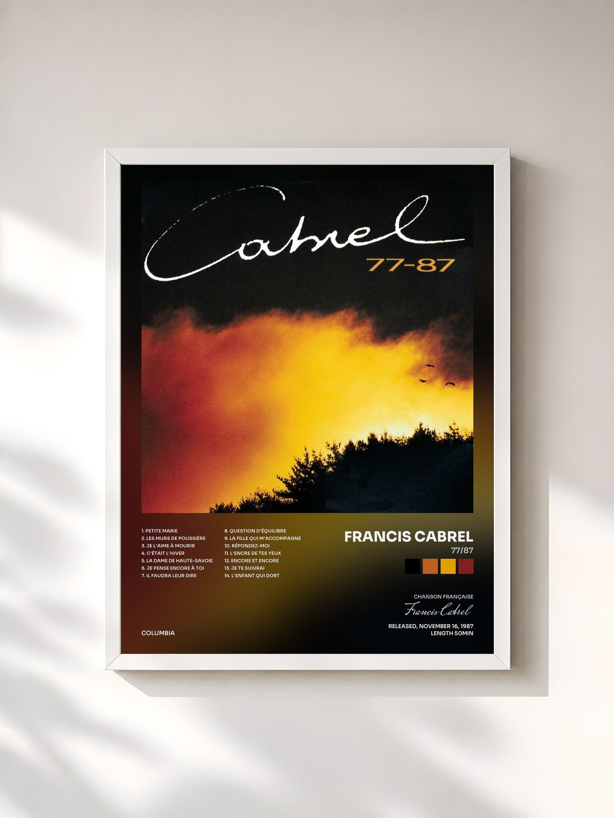 #blanc Tableau de l'album 77/87 de Francis Cabrel, cadre blanc, imprimé et encadré en France