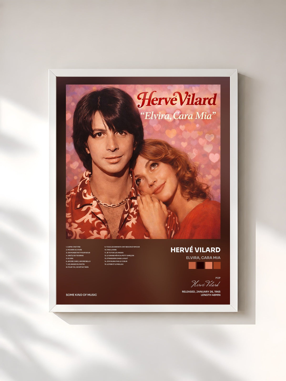 #blanc Elvira, Cara Mia by Hervé Vilard as a framed art print, white frame, printed and framed in France