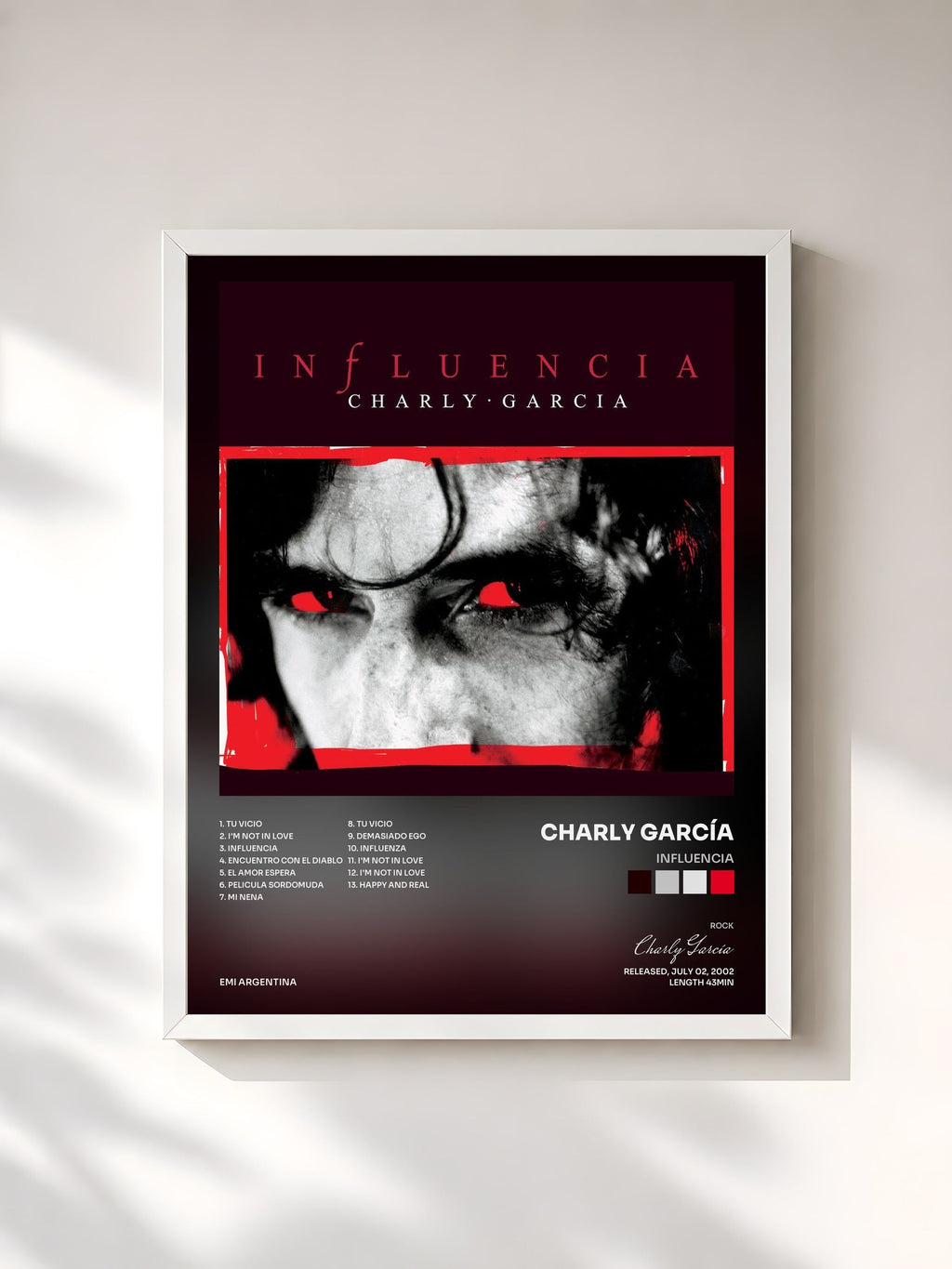 #blanc Tableau de l'album Influencia de Charly García, cadre blanc, imprimé et encadré en France