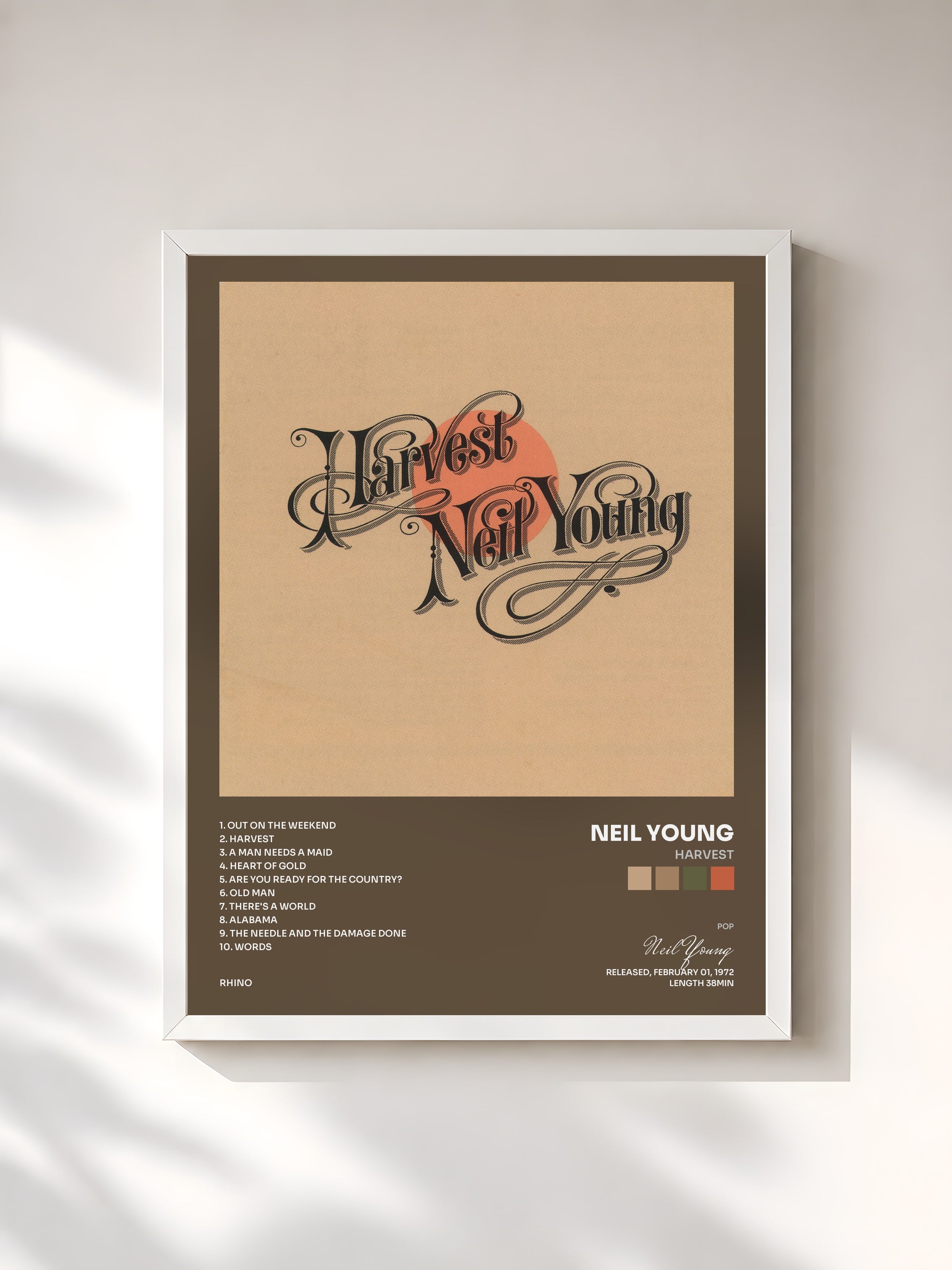 #blanc Tableau de l'album Harvest de Neil Young, cadre blanc, imprimé et encadré en France