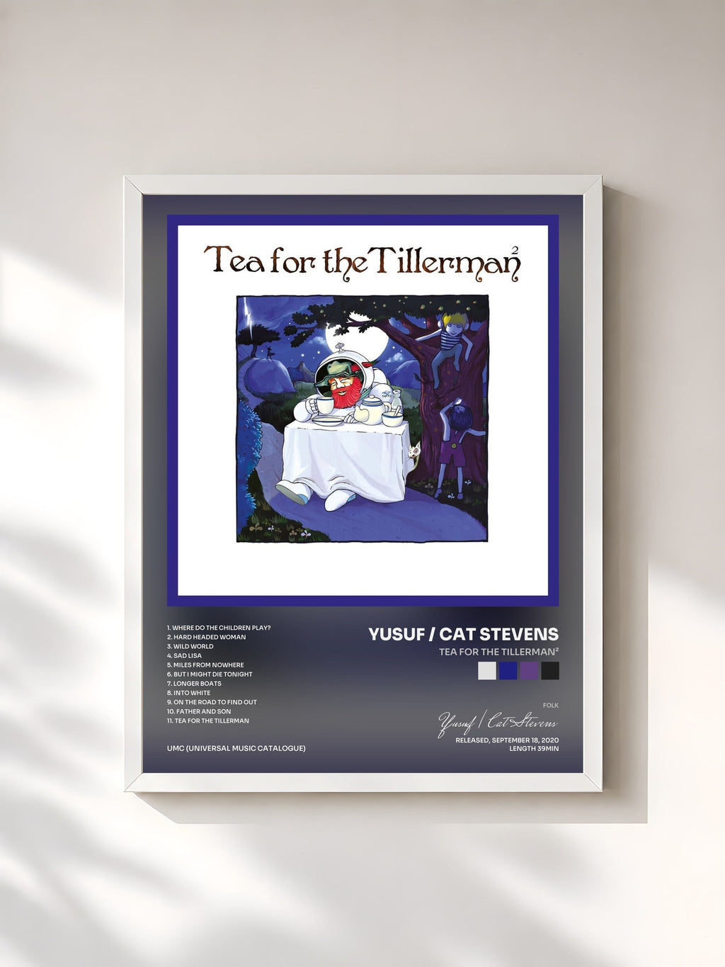 #blanc Tableau de l'album Tea For The Tillerman² de Yusuf / Cat Stevens, cadre blanc, imprimé et encadré en France
