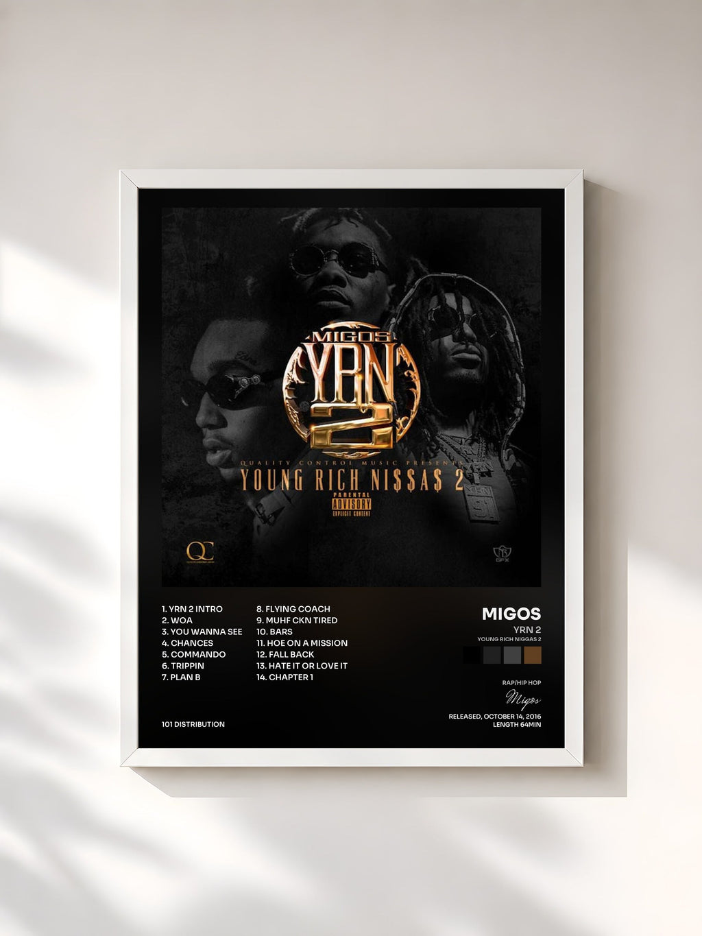 #blanc Tableau de l'album YRN 2 (Young Rich Niggas 2) de Migos, cadre blanc, imprimé et encadré en France