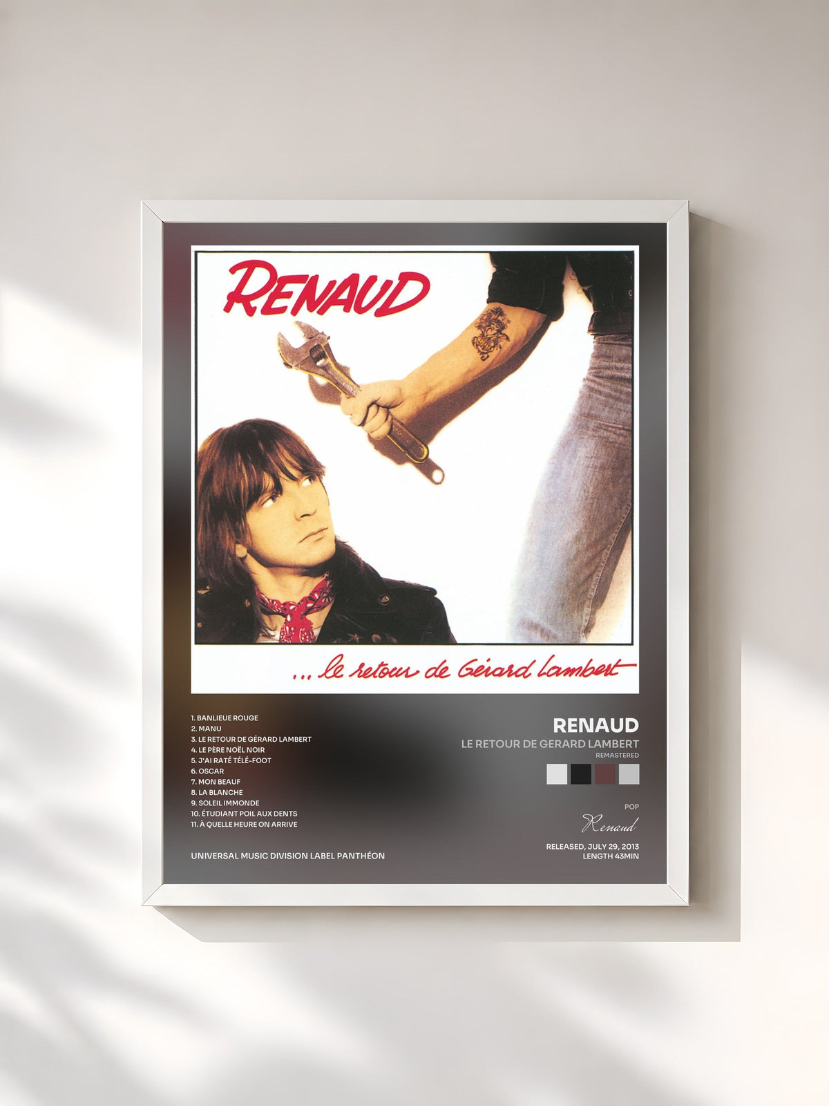 #blanc Tableau de l'album Le Retour De Gerard Lambert (Remastered) de Renaud, cadre blanc, imprimé et encadré en France