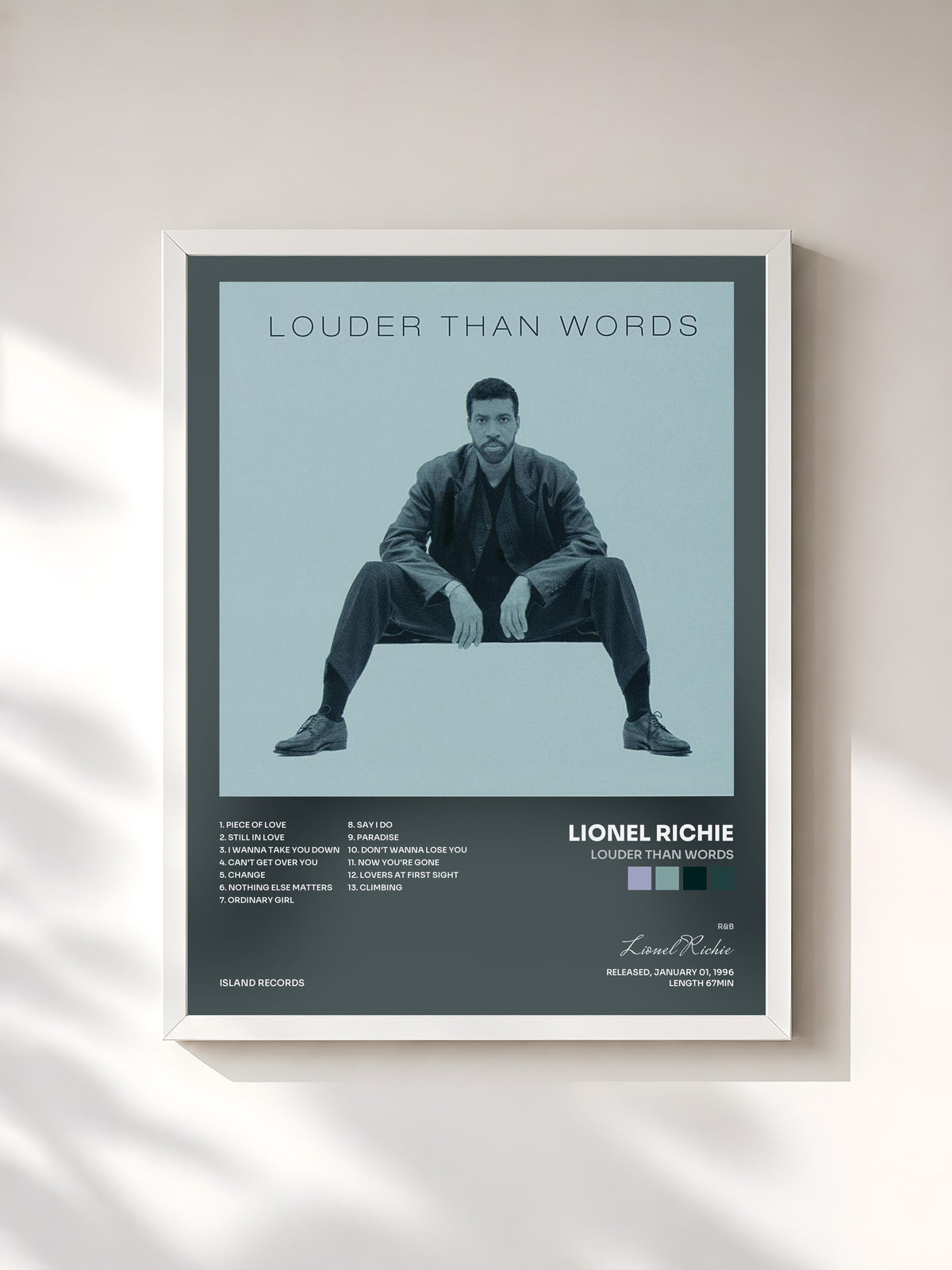 #blanc Tableau de l'album Louder Than Words de Lionel Richie, cadre blanc, imprimé et encadré en France