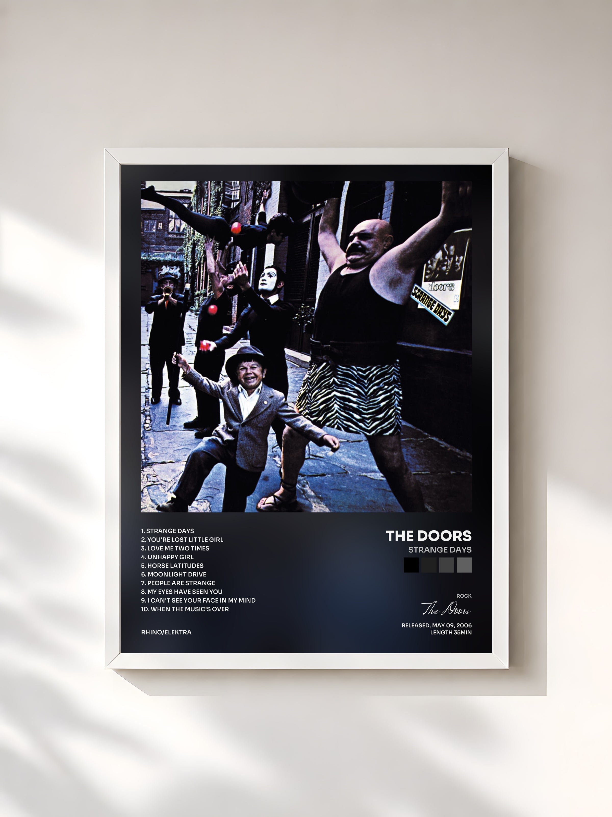 #blanc Tableau de l'album Strange Days de The Doors, cadre blanc, imprimé et encadré en France