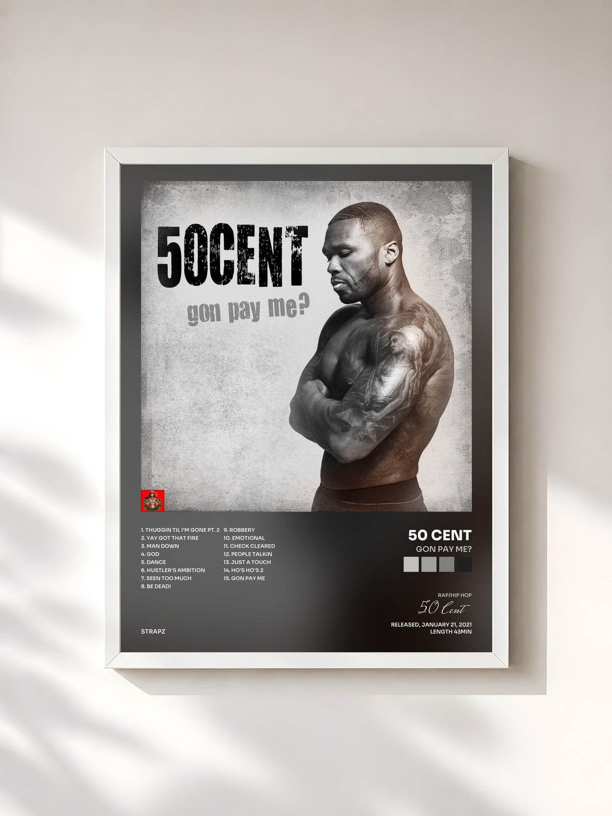 #blanc Tableau de l'album Gon Pay Me? de 50 Cent, cadre blanc, imprimé et encadré en France