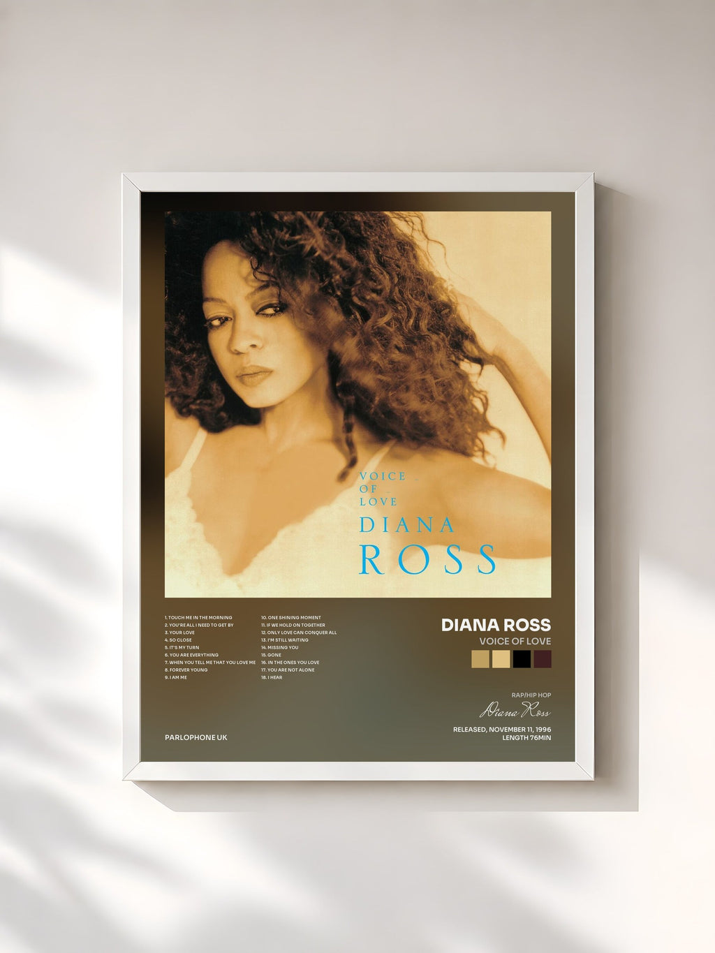 #blanc Tableau de l'album Voice of Love de Diana Ross, cadre blanc, imprimé et encadré en France
