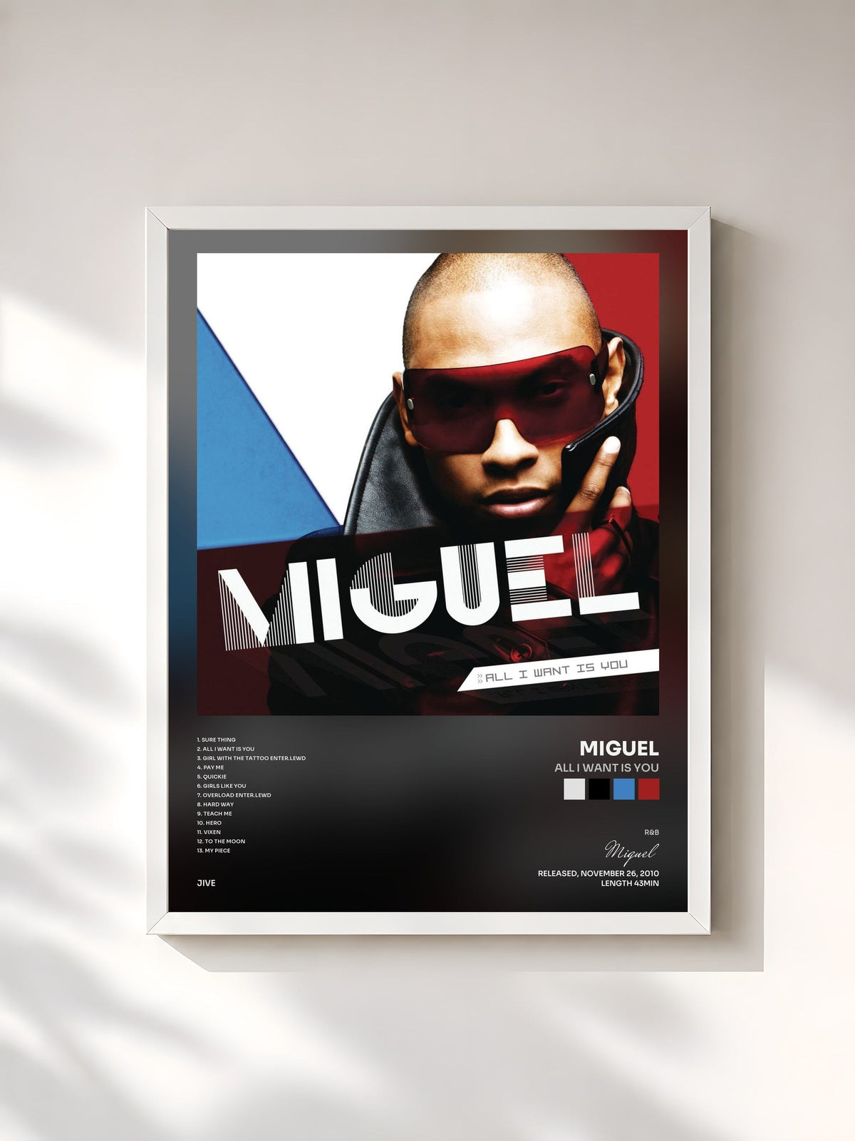 #blanc Tableau de l'album All I Want Is You de Miguel, cadre blanc, imprimé et encadré en France