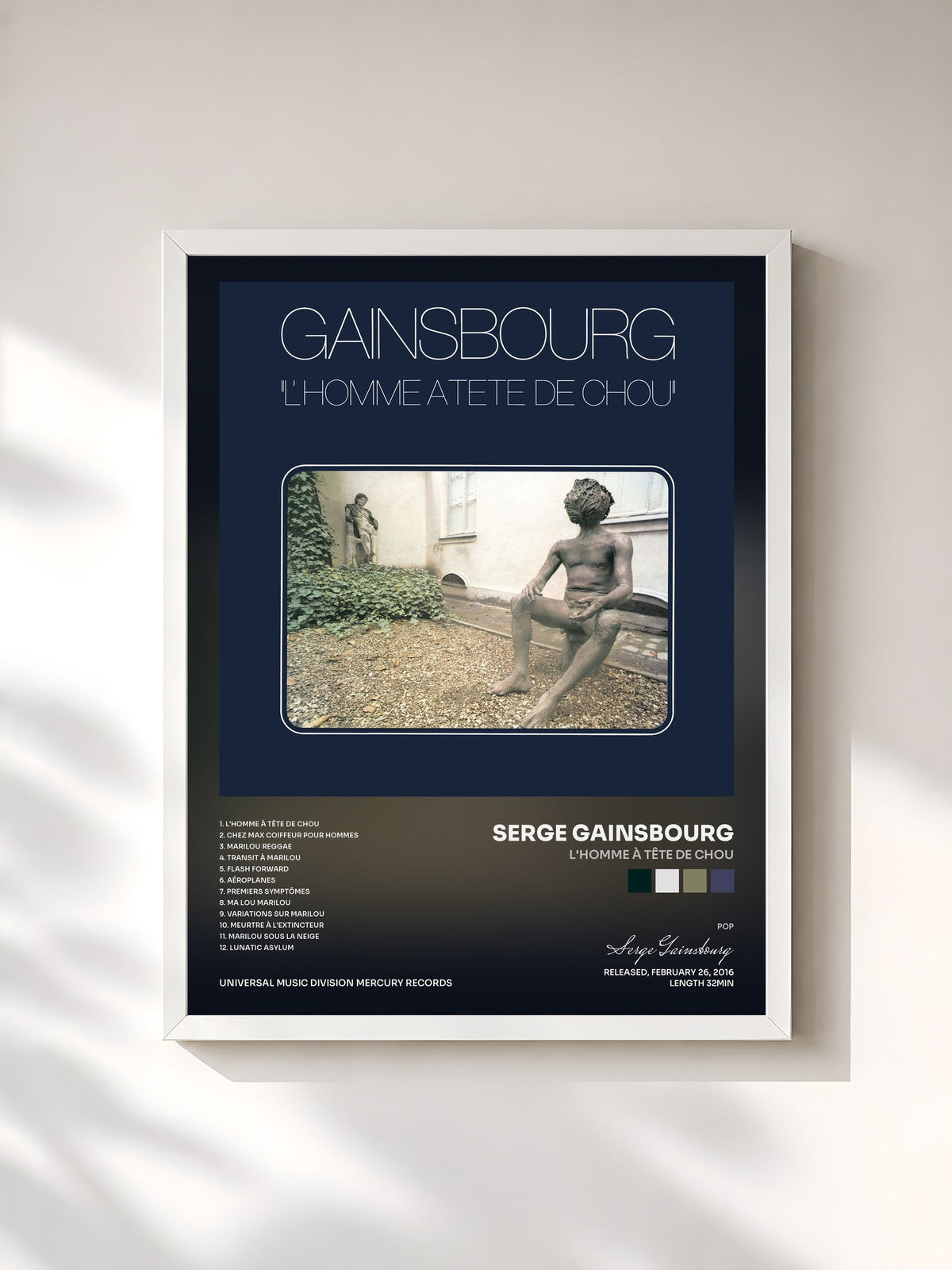 #blanc Tableau de l'album L'homme à tête de chou de Serge Gainsbourg, cadre blanc, imprimé et encadré en France