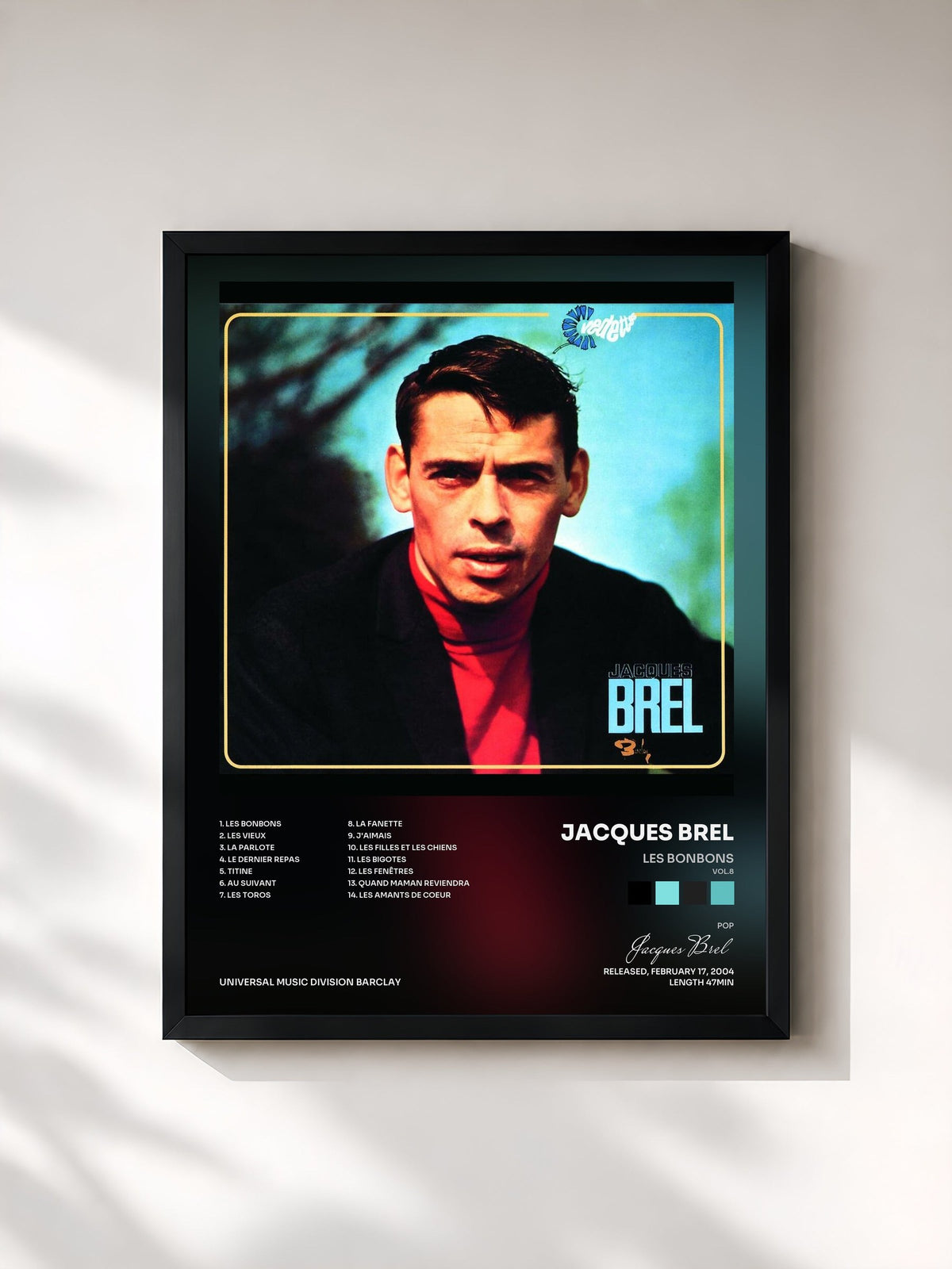#noir Tableau de l'album Les Bonbons (Vol.8) de Jacques Brel, cadre noir, imprimé et encadré en France