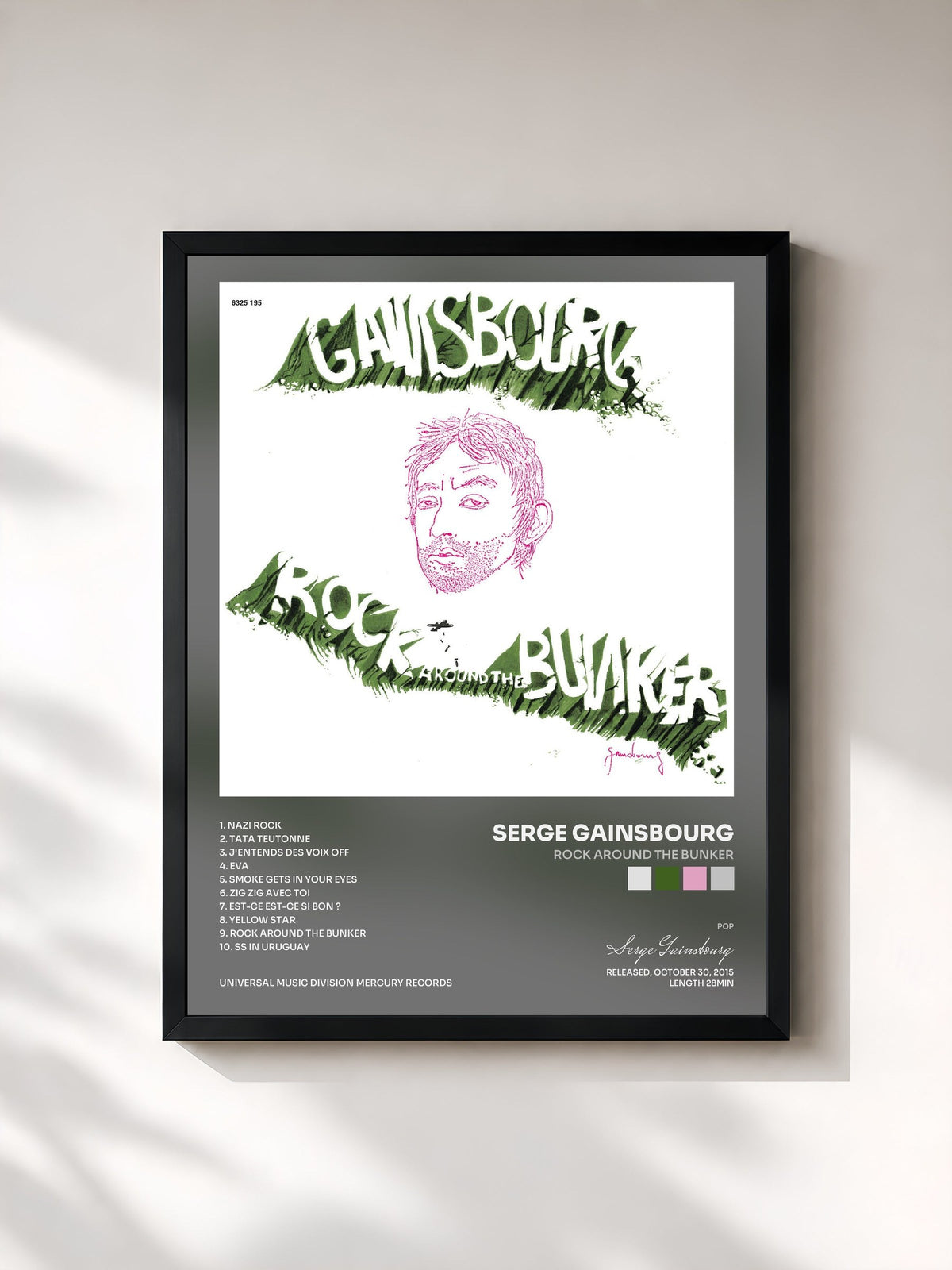 #noir Tableau de l'album Rock Around The Bunker de Serge Gainsbourg, cadre noir, imprimé et encadré en France