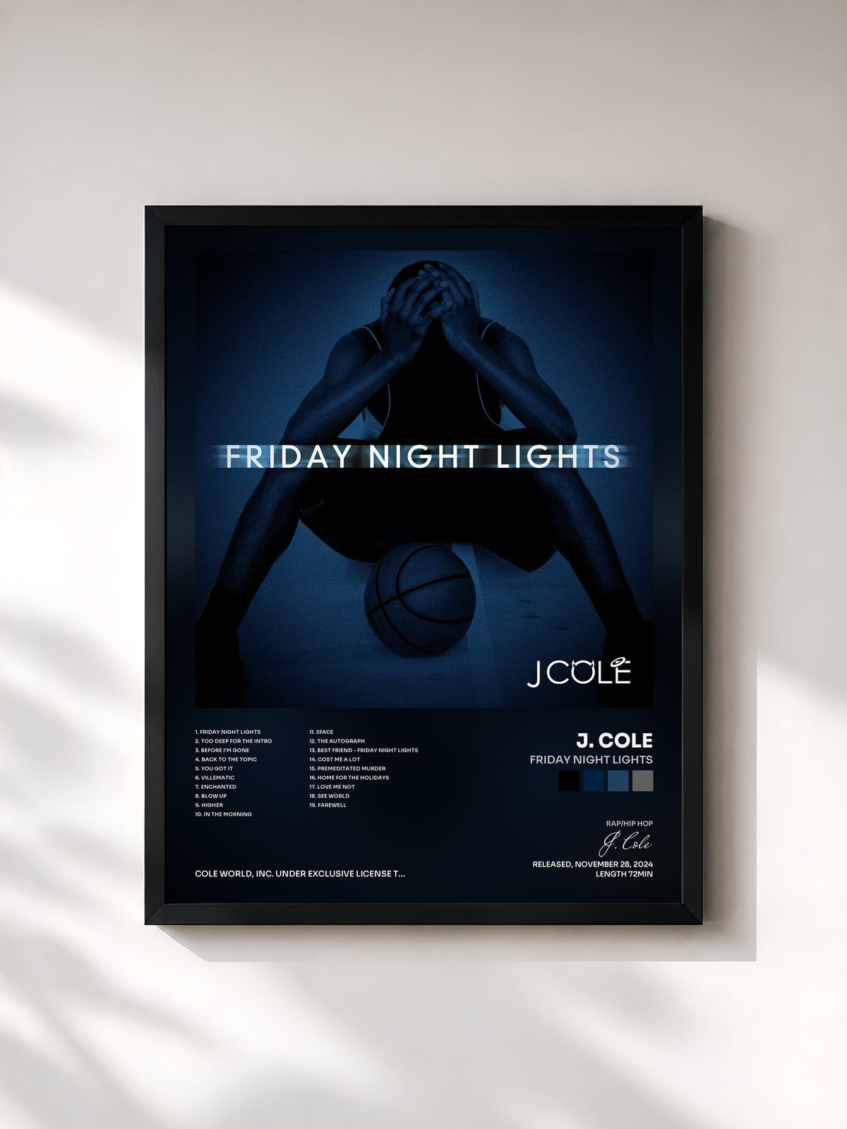 #noir Tableau de l'album Friday Night Lights de J. Cole, cadre noir, imprimé et encadré en France