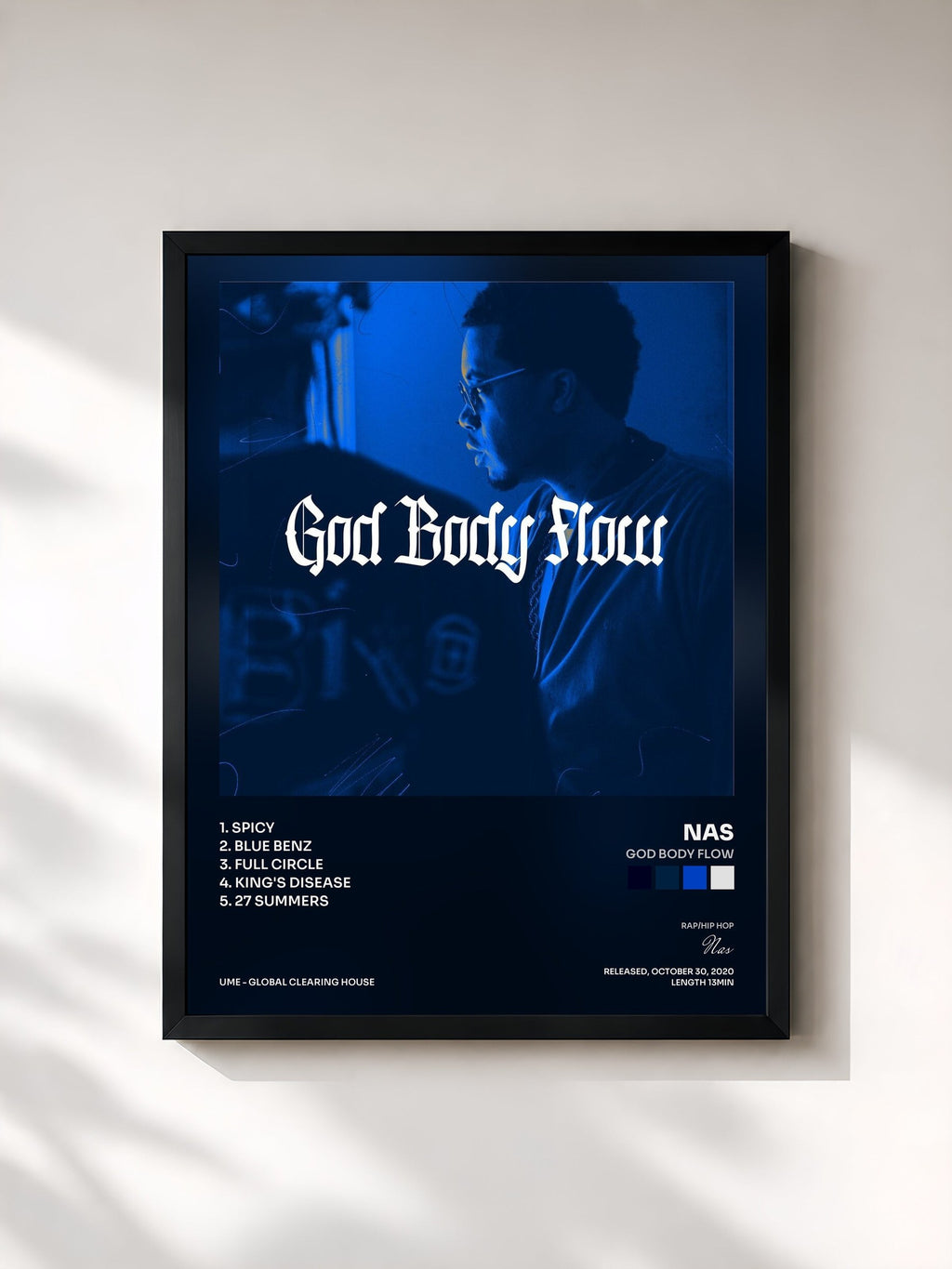 #noir Tableau de l'album God Body Flow de Nas, cadre noir, imprimé et encadré en France