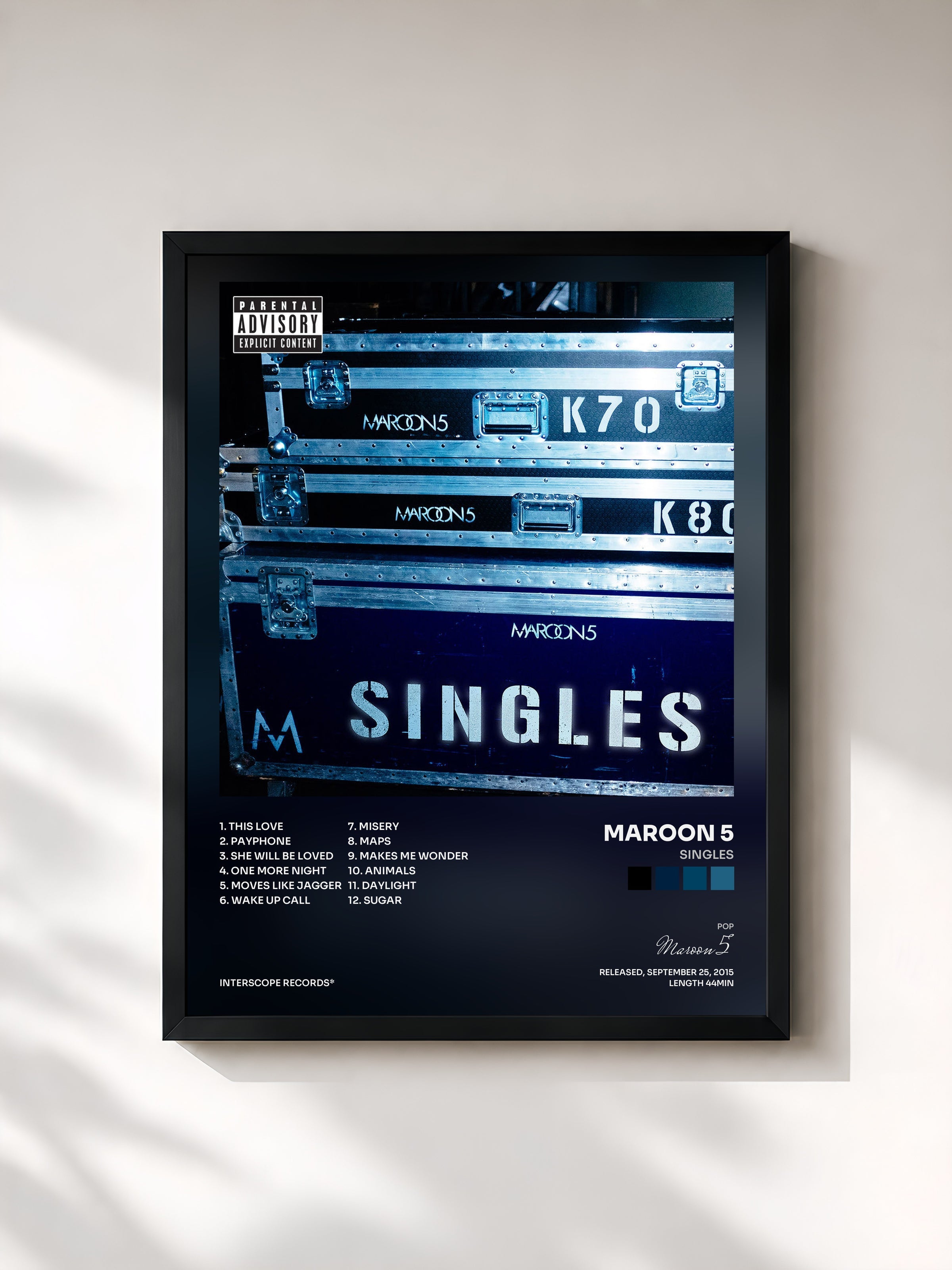 #noir Singles de Maroon 5 en lámina enmarcada, marco negro, impresa y enmarcada en Francia