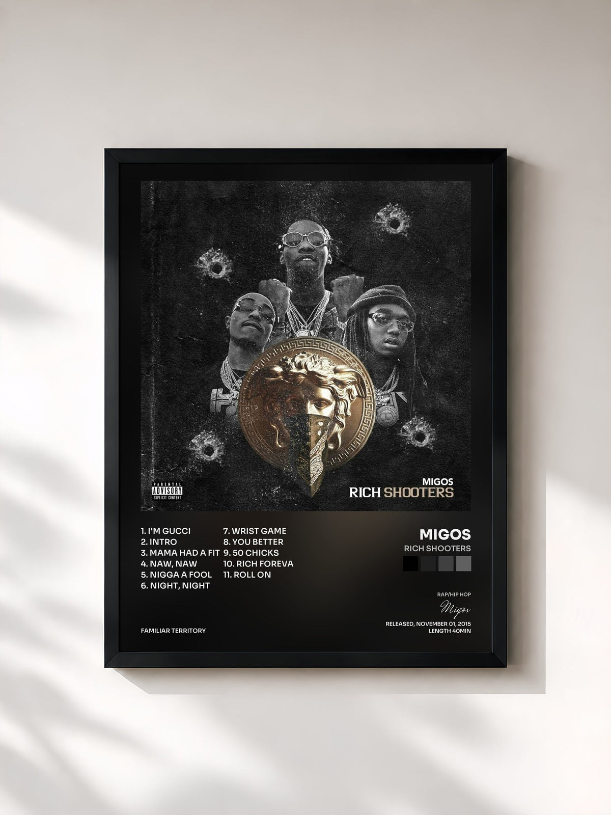 #noir Tableau de l'album Rich Shooters de Migos, cadre noir, imprimé et encadré en France