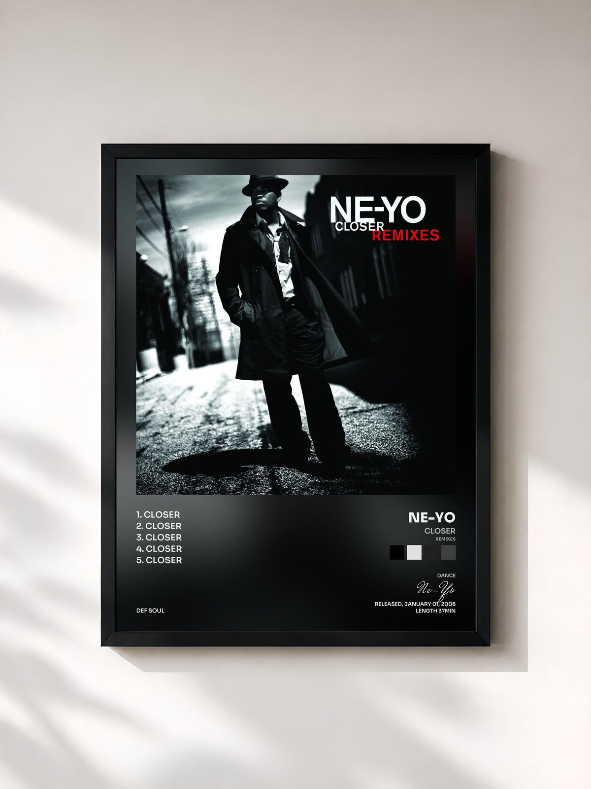 #noir Tableau de l'album Closer (Remixes) de Ne-Yo, cadre noir, imprimé et encadré en France