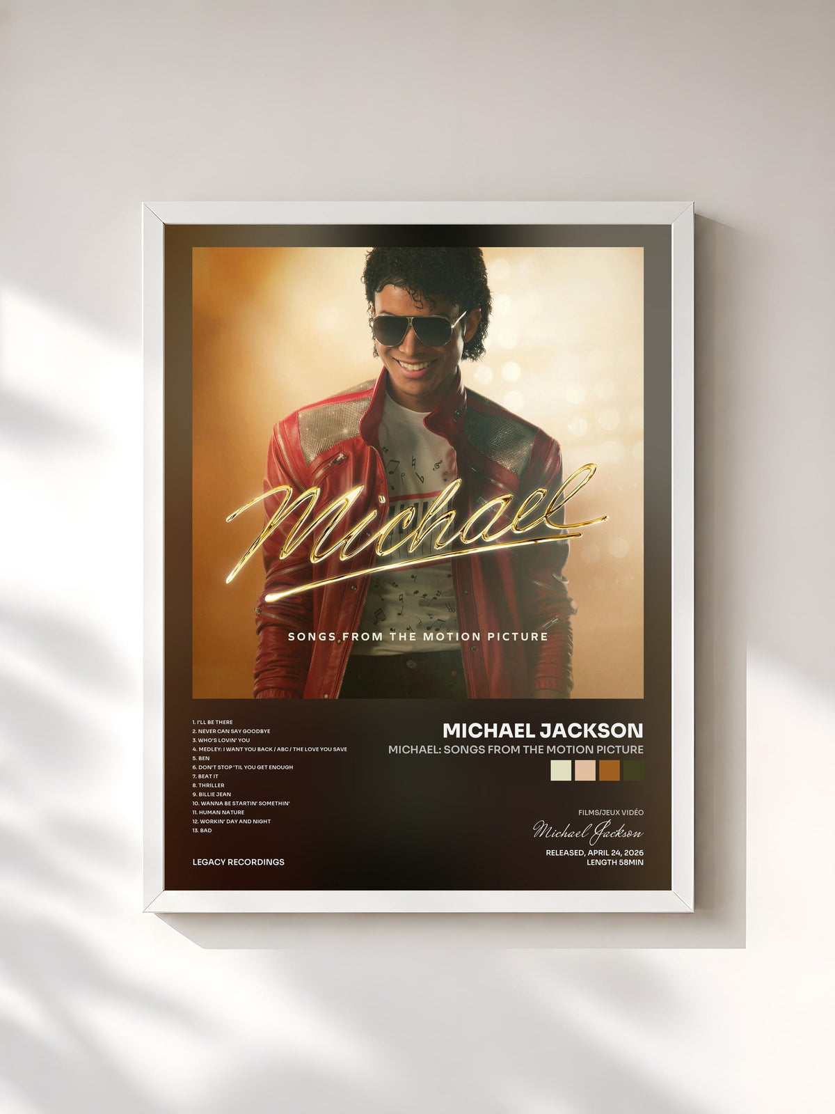 #blanc Tableau de l'album Michael: Songs From The Motion Picture de Michael Jackson, cadre blanc, imprimé et encadré en France