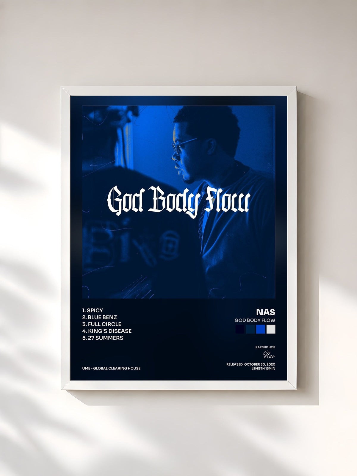 #blanc Tableau de l'album God Body Flow de Nas, cadre blanc, imprimé et encadré en France
