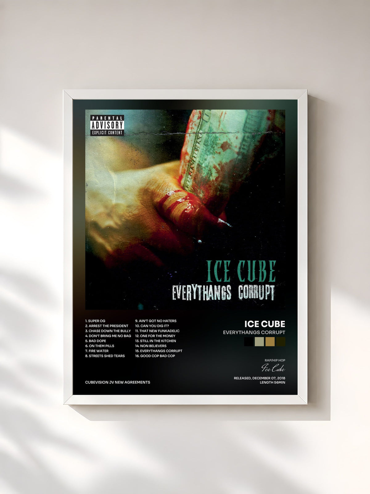 #blanc Tableau de l'album Everythangs Corrupt de Ice Cube, cadre blanc, imprimé et encadré en France