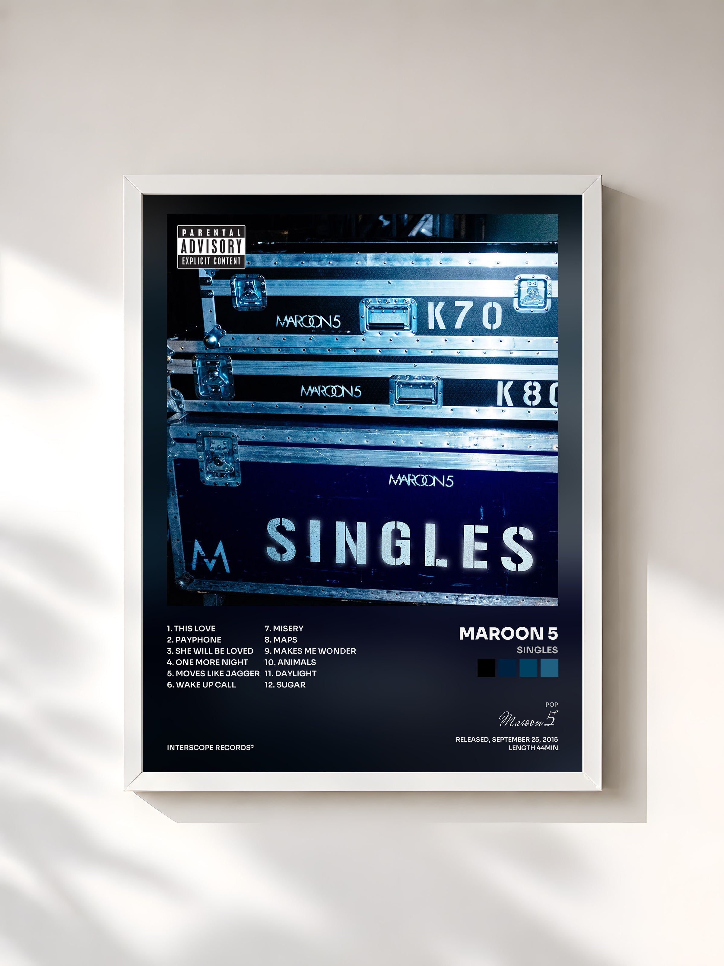 #blanc Singles de Maroon 5 en lámina enmarcada, marco blanco, impresa y enmarcada en Francia
