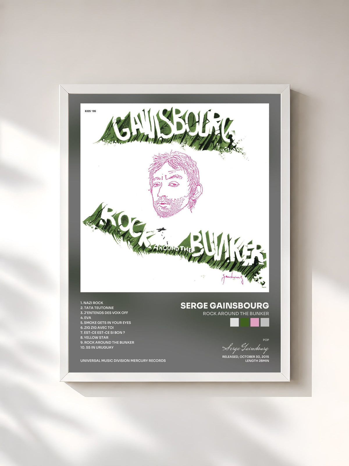 #blanc Tableau de l'album Rock Around The Bunker de Serge Gainsbourg, cadre blanc, imprimé et encadré en France