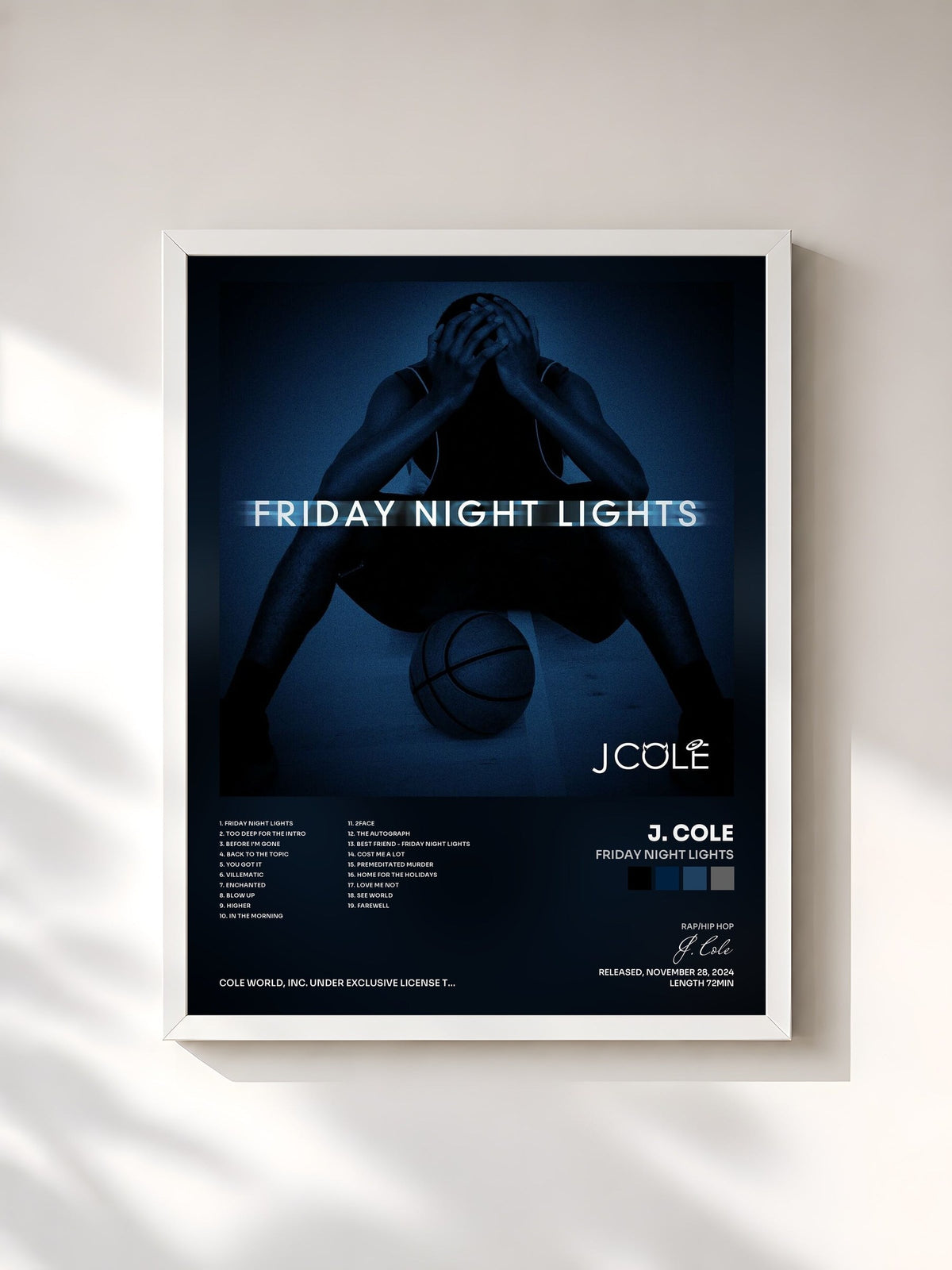 #blanc Tableau de l'album Friday Night Lights de J. Cole, cadre blanc, imprimé et encadré en France
