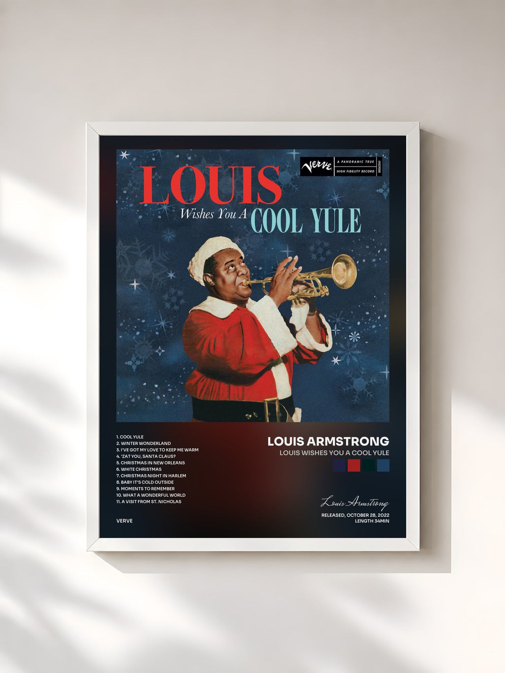 #blanc Tableau de l'album Louis Wishes You a Cool Yule de Louis Armstrong, cadre blanc, imprimé et encadré en France