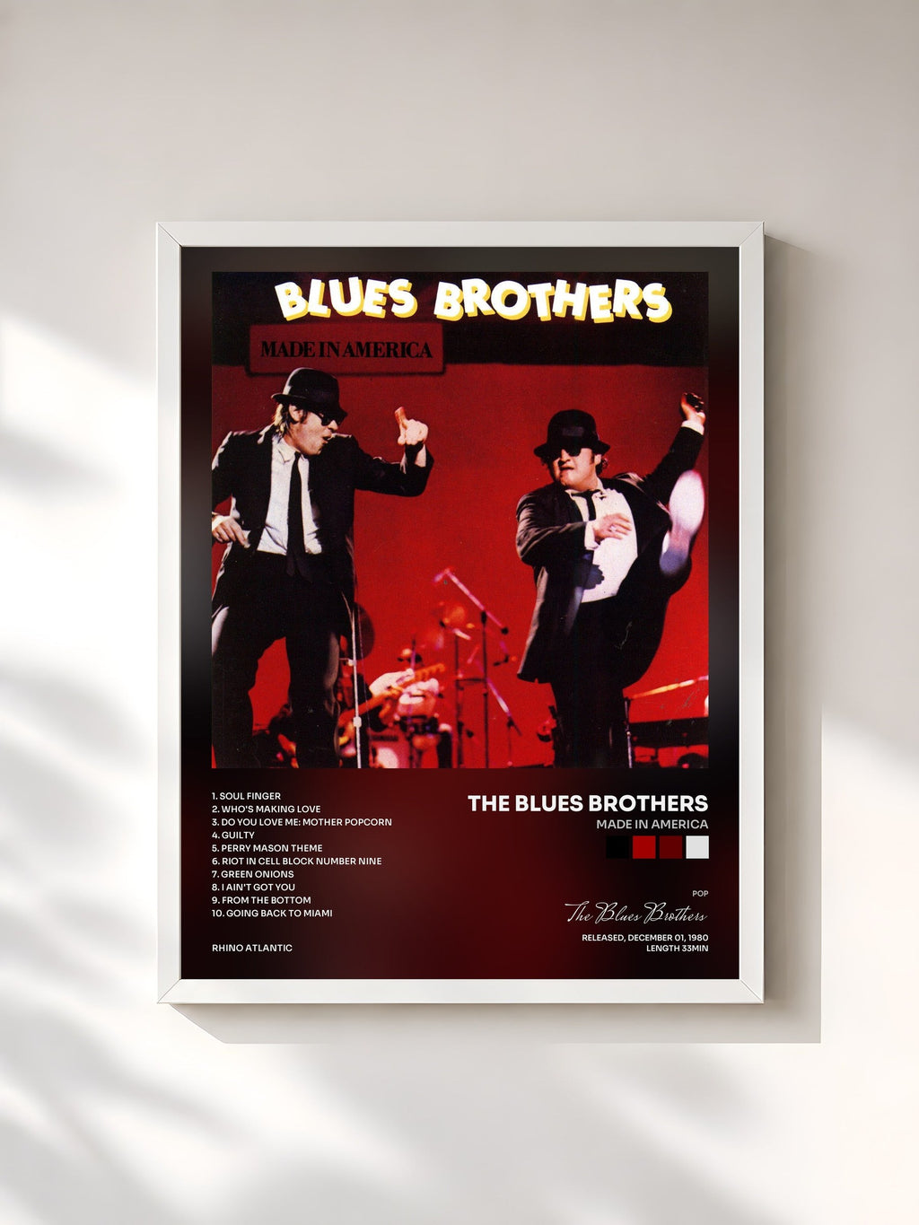 #blanc Made in America by The Blues Brothers as a framed art print, white frame, printed and framed in France