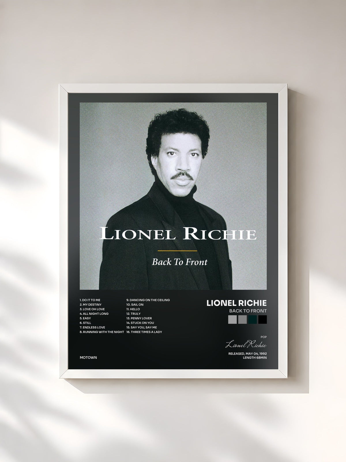 #blanc Tableau de l'album Back To Front de Lionel Richie, cadre blanc, imprimé et encadré en France
