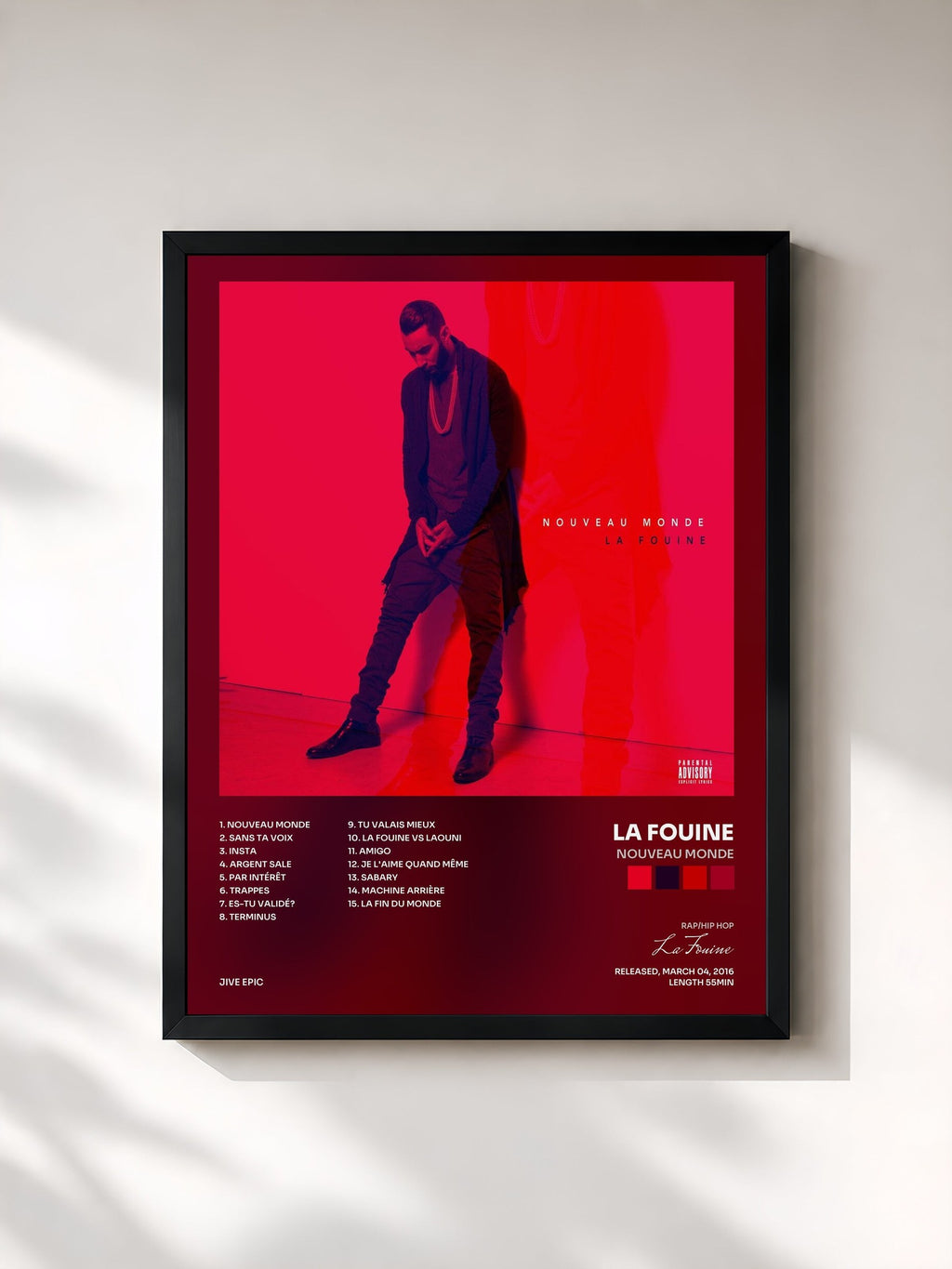 #noir Tableau de l'album Nouveau monde de La Fouine, cadre noir, imprimé et encadré en France