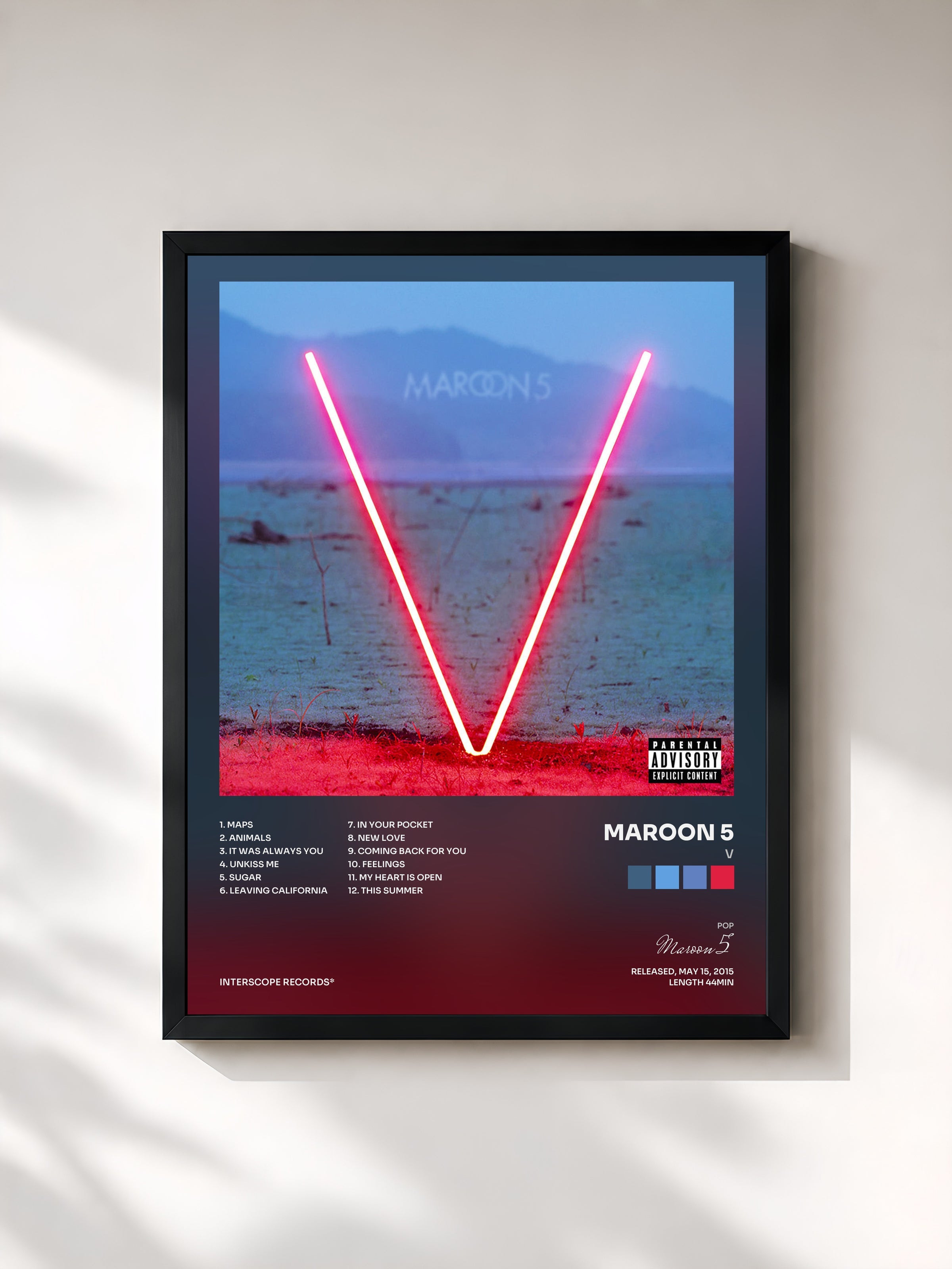 #noir Tableau de l'album V de Maroon 5, cadre noir, imprimé et encadré en France