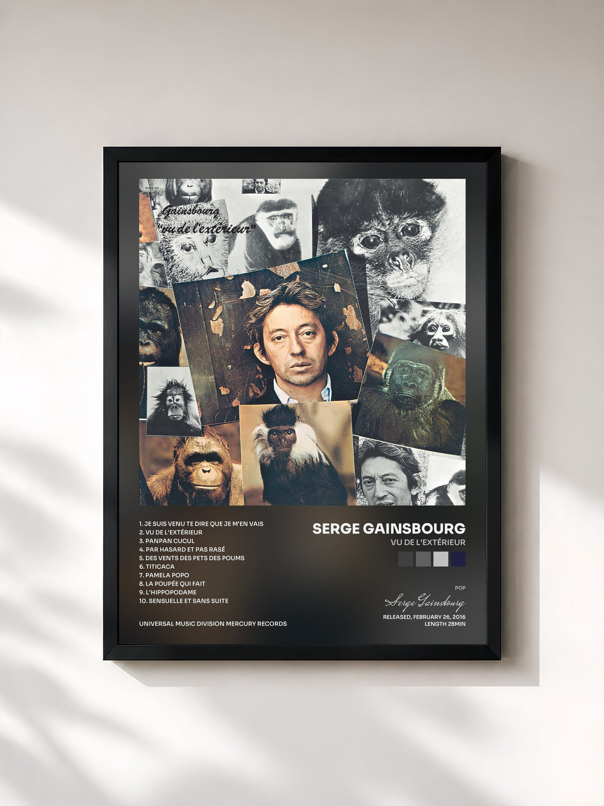 #noir Tableau de l'album Vu de l'extérieur de Serge Gainsbourg, cadre noir, imprimé et encadré en France