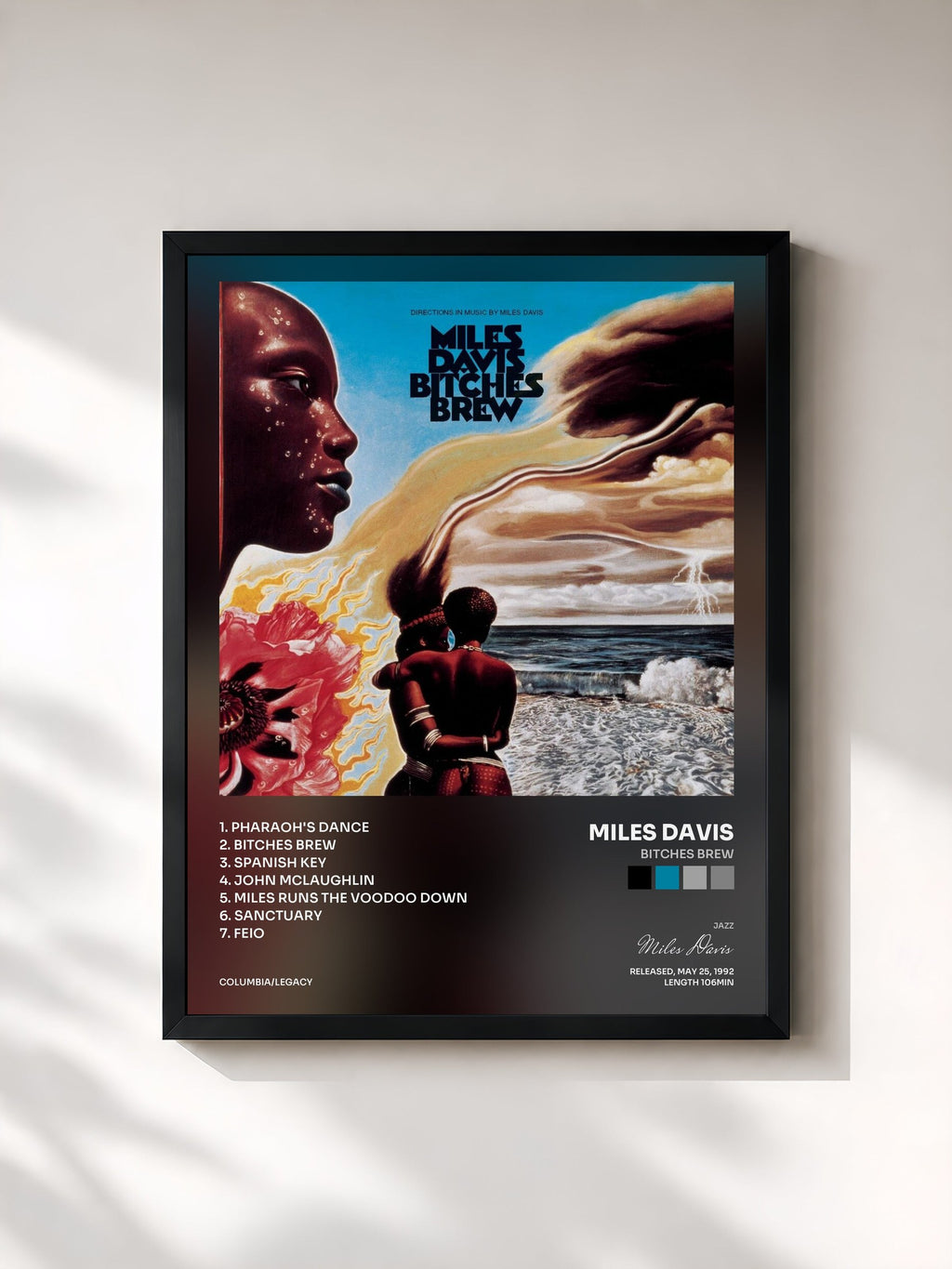 #noir Tableau de l'album Bitches Brew de Miles Davis, cadre noir, imprimé et encadré en France