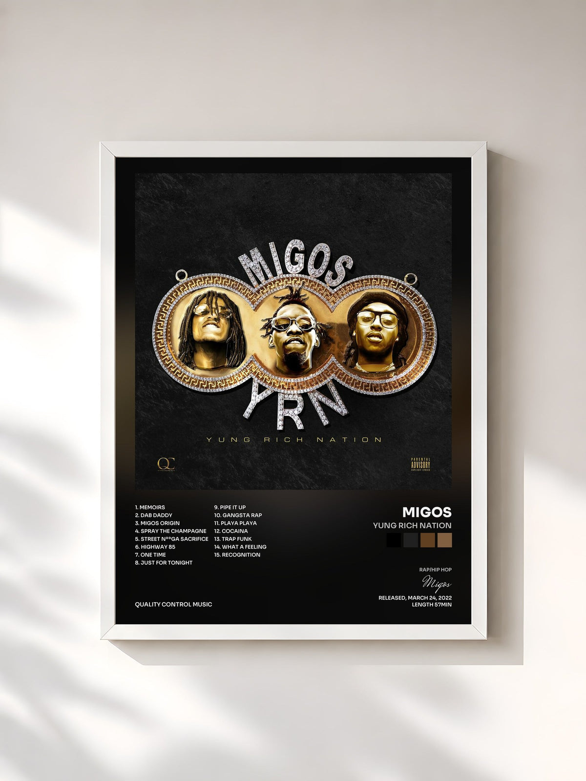 #blanc Tableau de l'album Yung Rich Nation de Migos, cadre blanc, imprimé et encadré en France