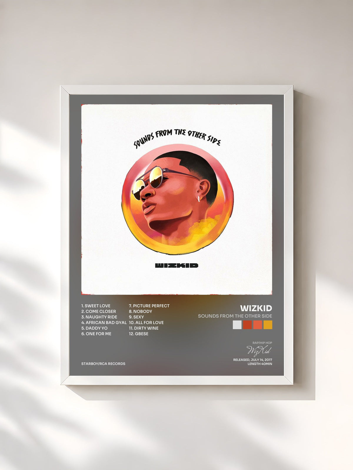 #blanc Tableau de l'album Sounds From The Other Side de WizKid, cadre blanc, imprimé et encadré en France