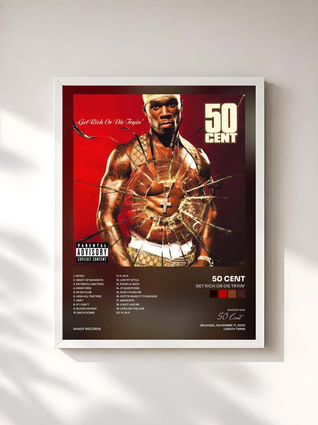 #blanc Get Rich Or Die Tryin von 50 Cent als gerahmter Kunstdruck, weißer Rahmen, gedruckt und gerahmt in Frankreich