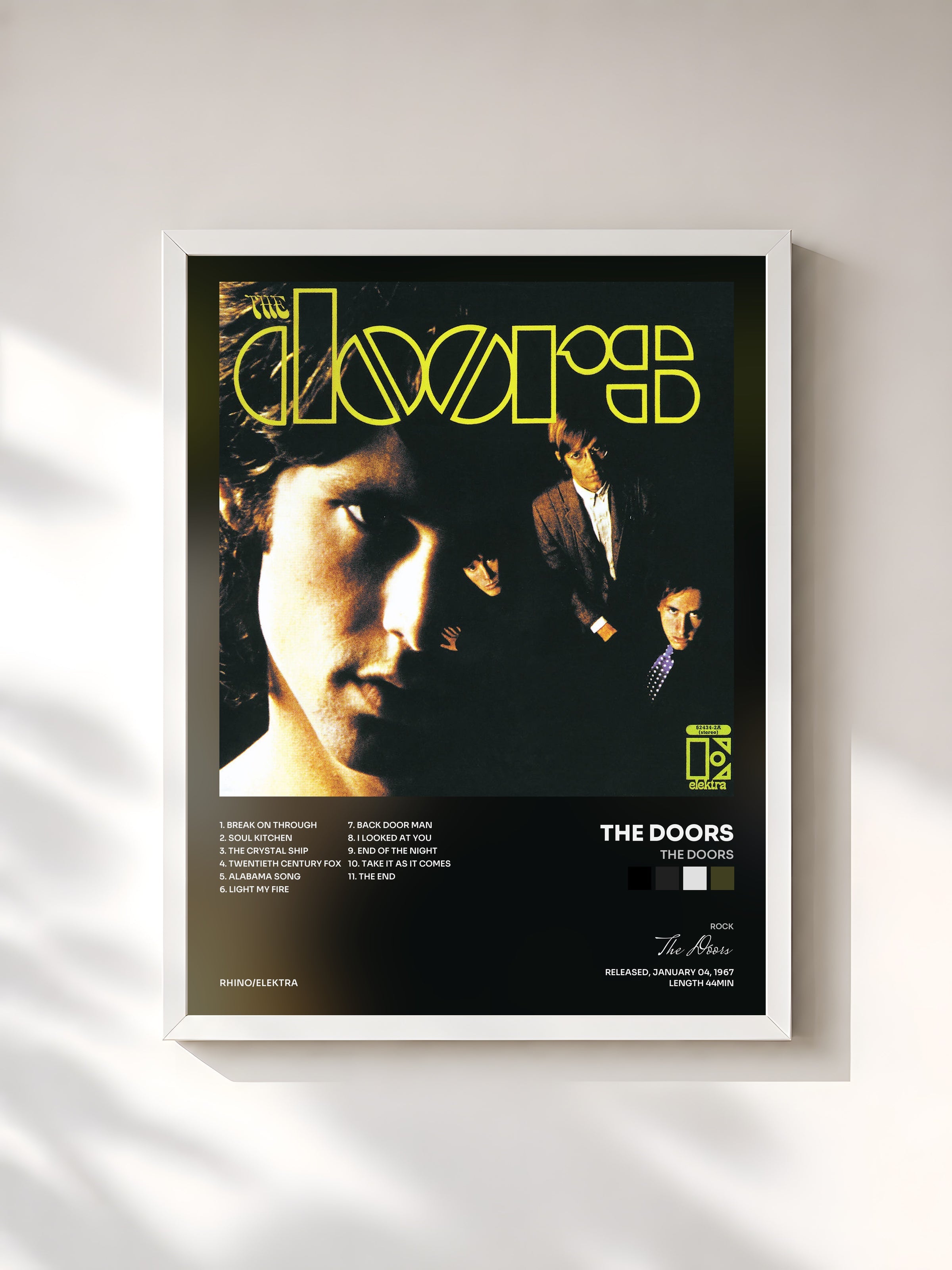 #blanc Tableau de l'album The Doors de The Doors, cadre blanc, imprimé et encadré en France
