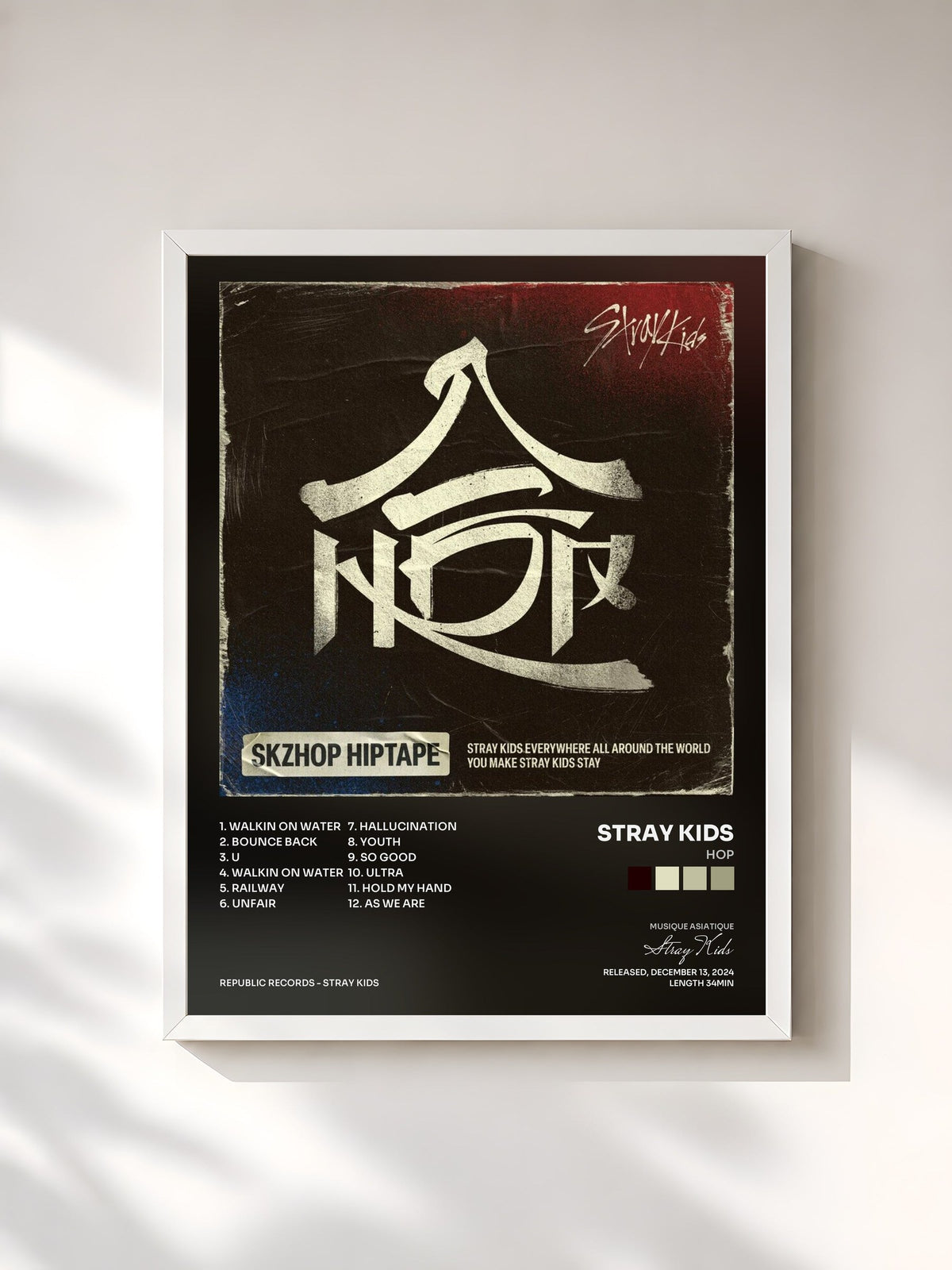 #blanc Tableau de l'album HOP de Stray Kids, cadre blanc, imprimé et encadré en France