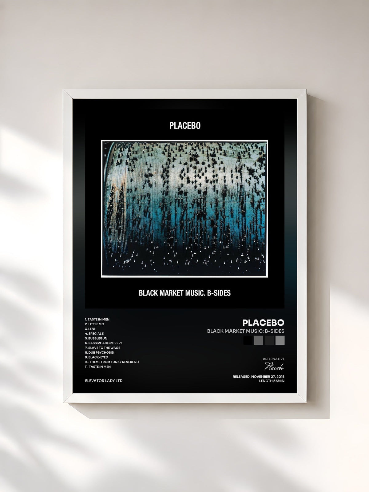 #blanc Tableau de l'album Black Market Music: B-Sides de Placebo, cadre blanc, imprimé et encadré en France