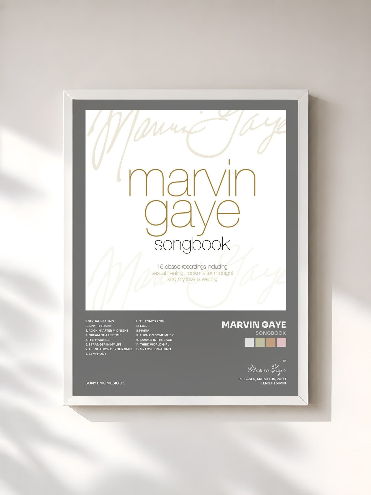 #blanc Tableau de l'album Songbook de Marvin Gaye, cadre blanc, imprimé et encadré en France