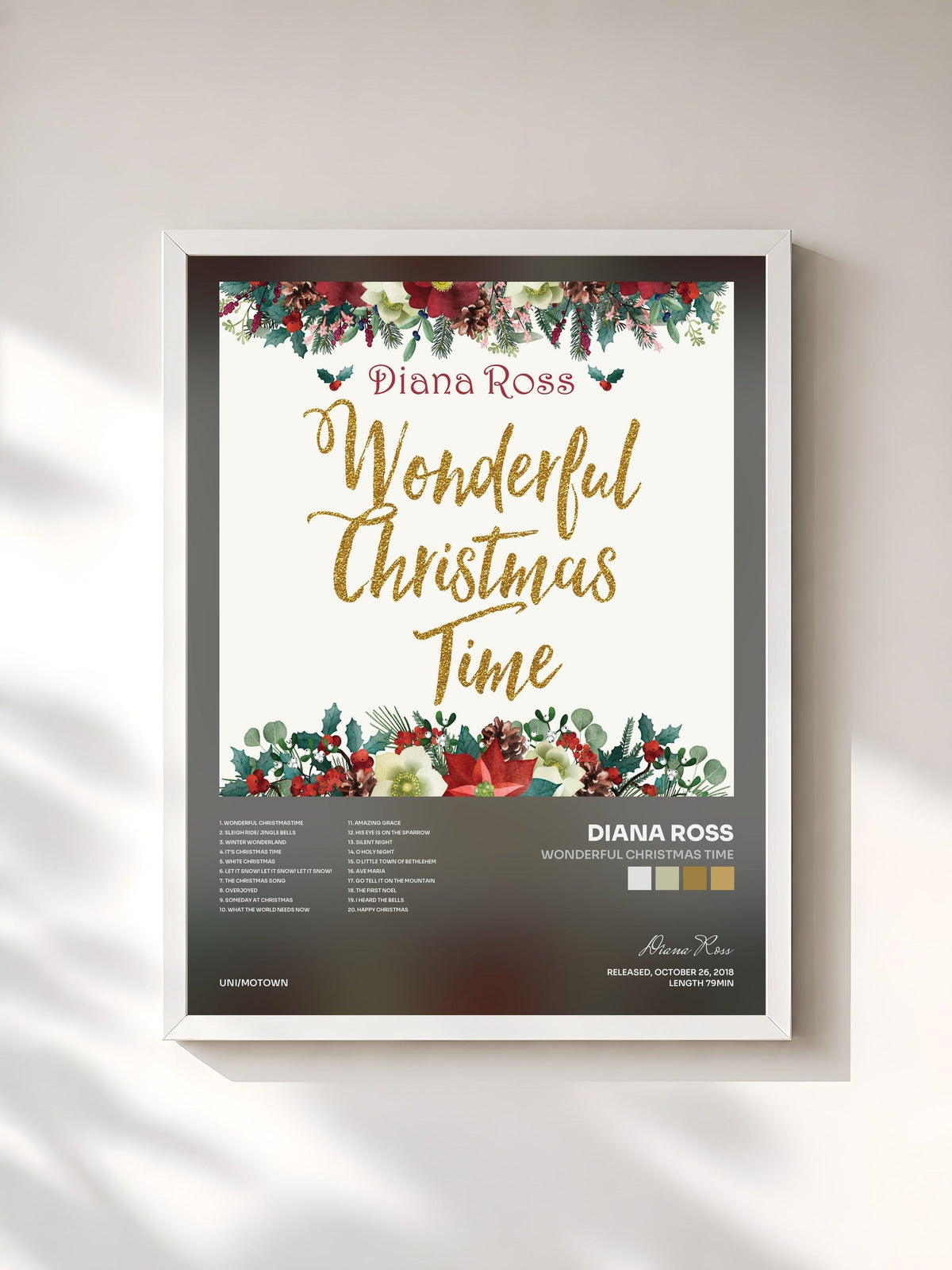 #blanc Tableau de l'album Wonderful Christmas Time de Diana Ross, cadre blanc, imprimé et encadré en France