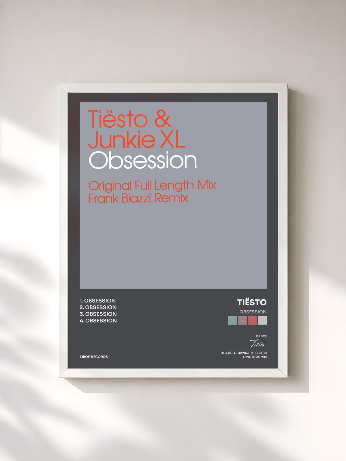 #blanc Tableau de l'album Obsession de Tiësto, cadre blanc, imprimé et encadré en France