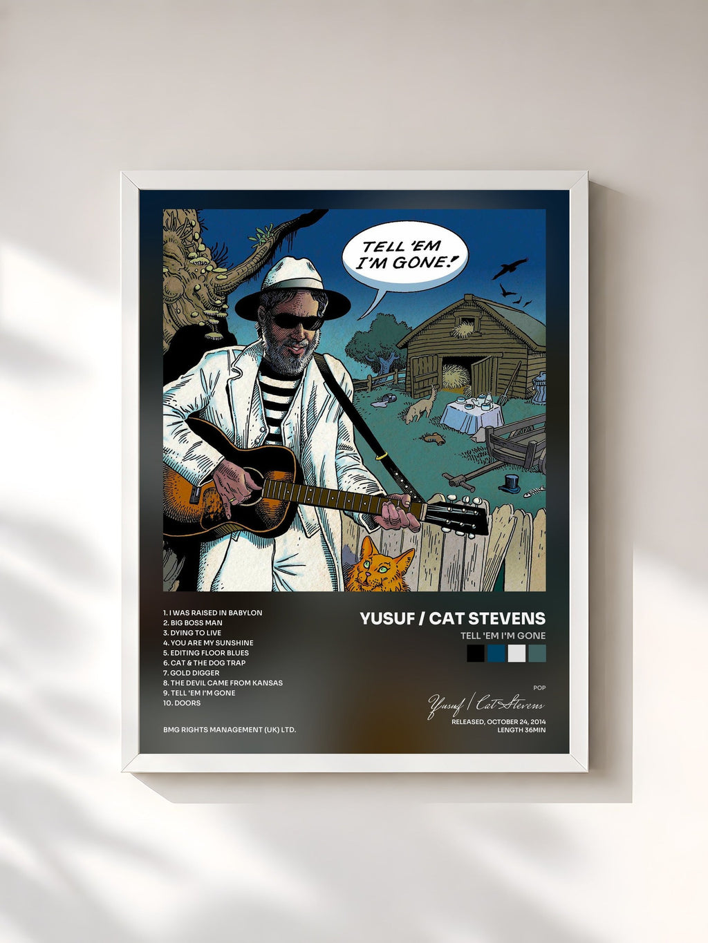 #blanc Tableau de l'album Tell 'Em I'm Gone de Yusuf / Cat Stevens, cadre blanc, imprimé et encadré en France