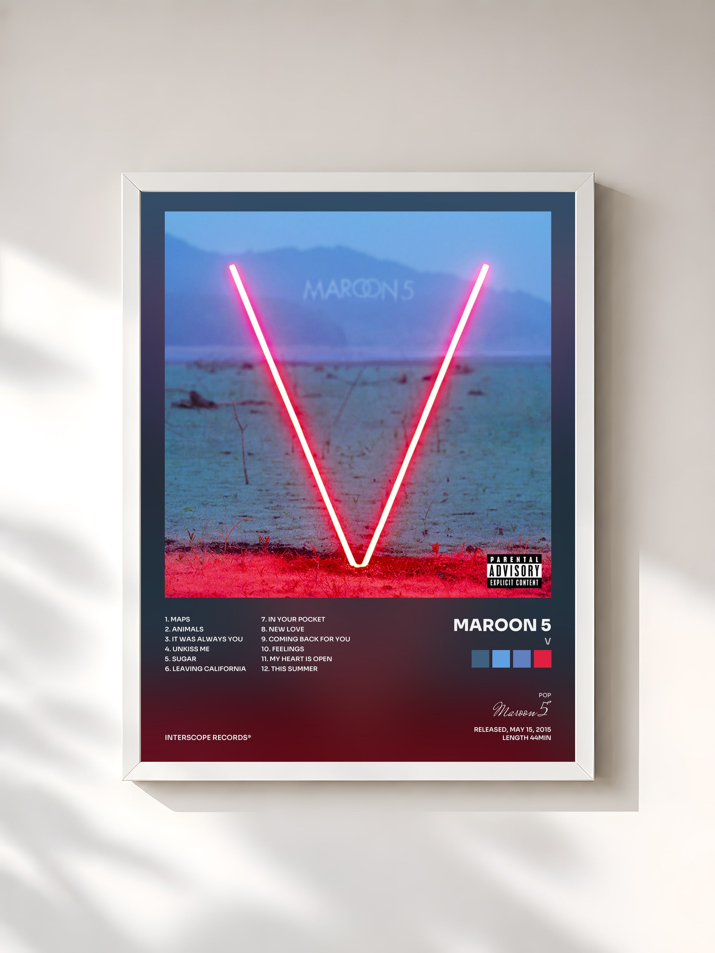 #blanc Tableau de l'album V de Maroon 5, cadre blanc, imprimé et encadré en France